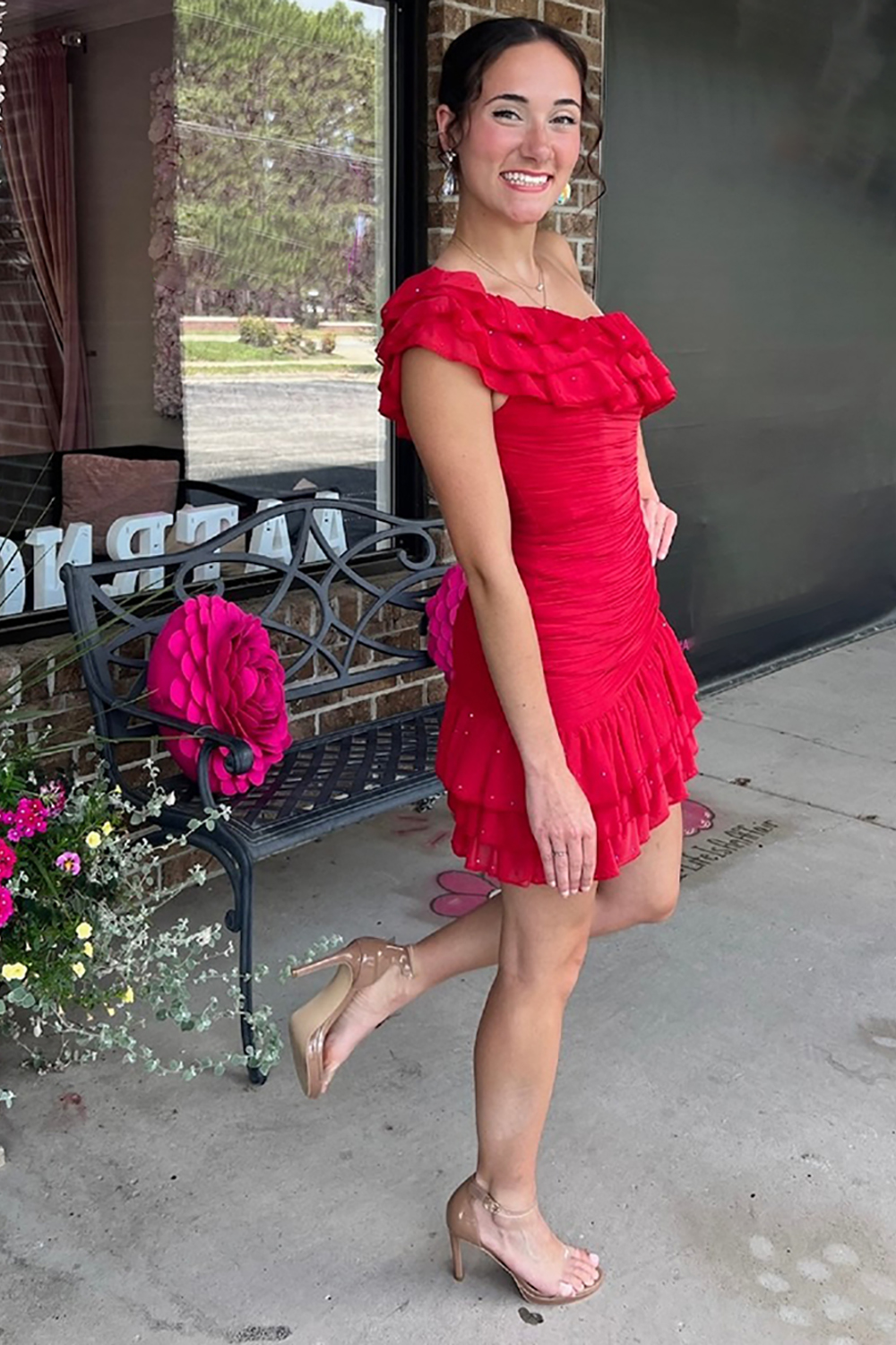 Red One Shoulder Ruffled Tight Short Homecoming Dress with Beading