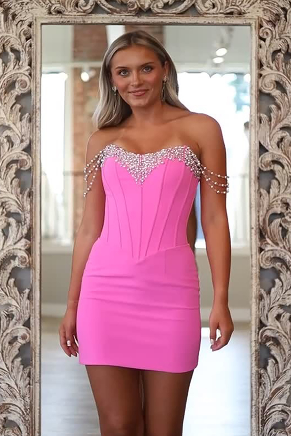 Sparkly Fuchsia Satin Corset Tight Short Homecoming Dress with Beading