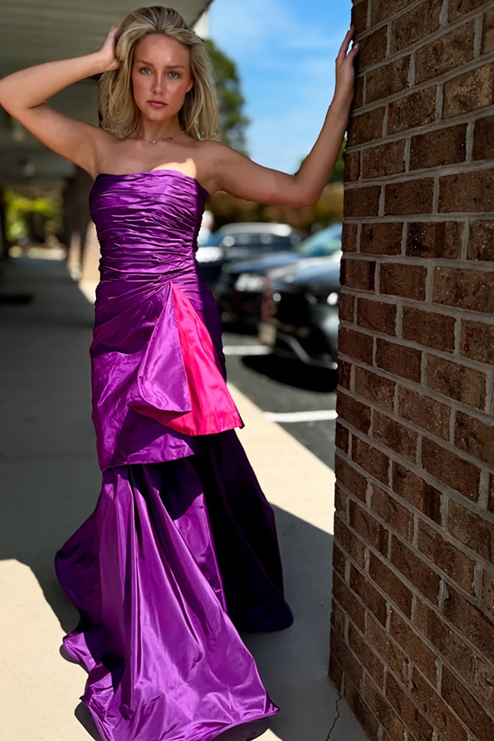 Fuchsia Strapless Satin Ruched Mermaid Long Prom Dress with Cape