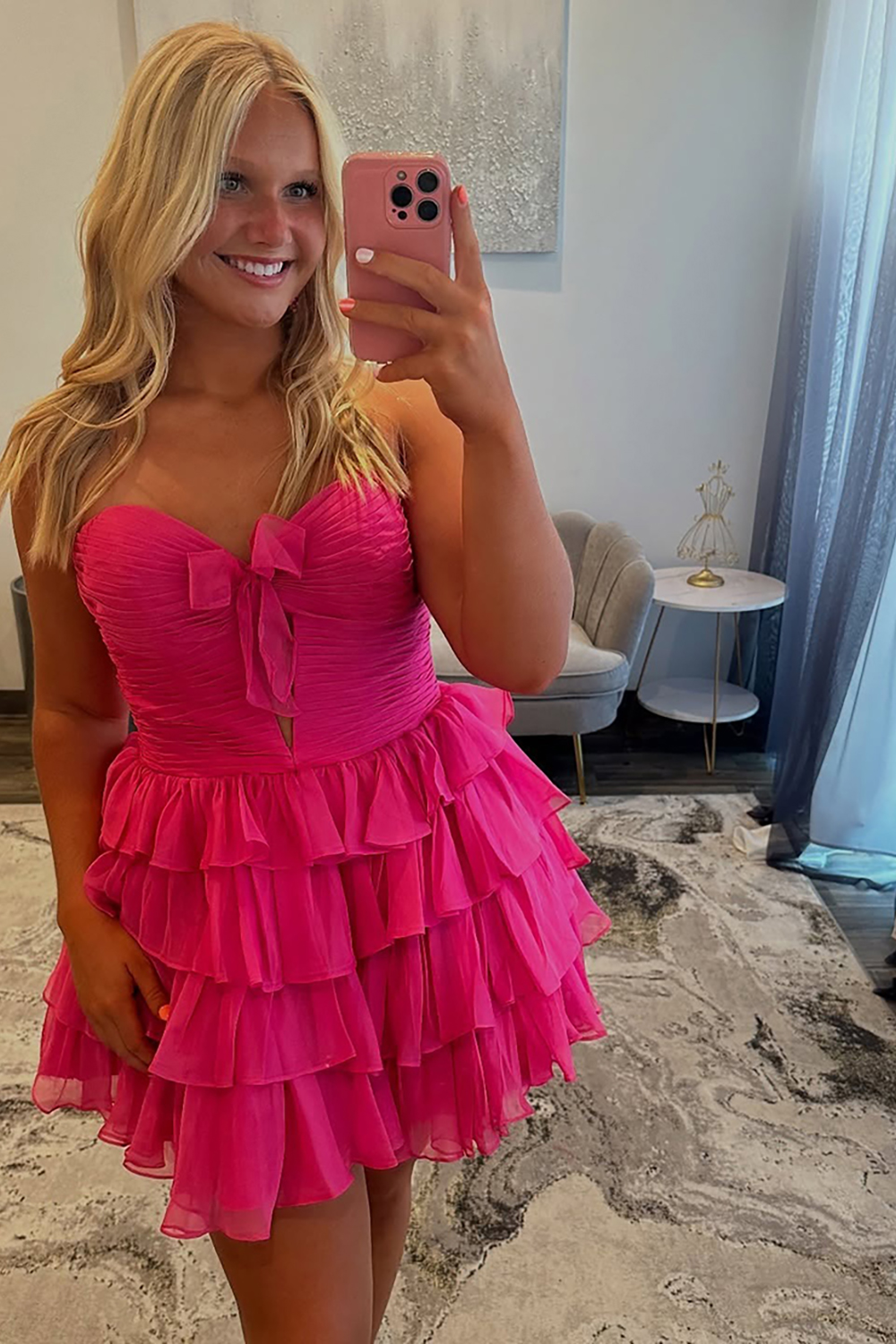 Pink A Line Ruffled Sweetheart Tiered Short Homecoming Dress with Keyhole
