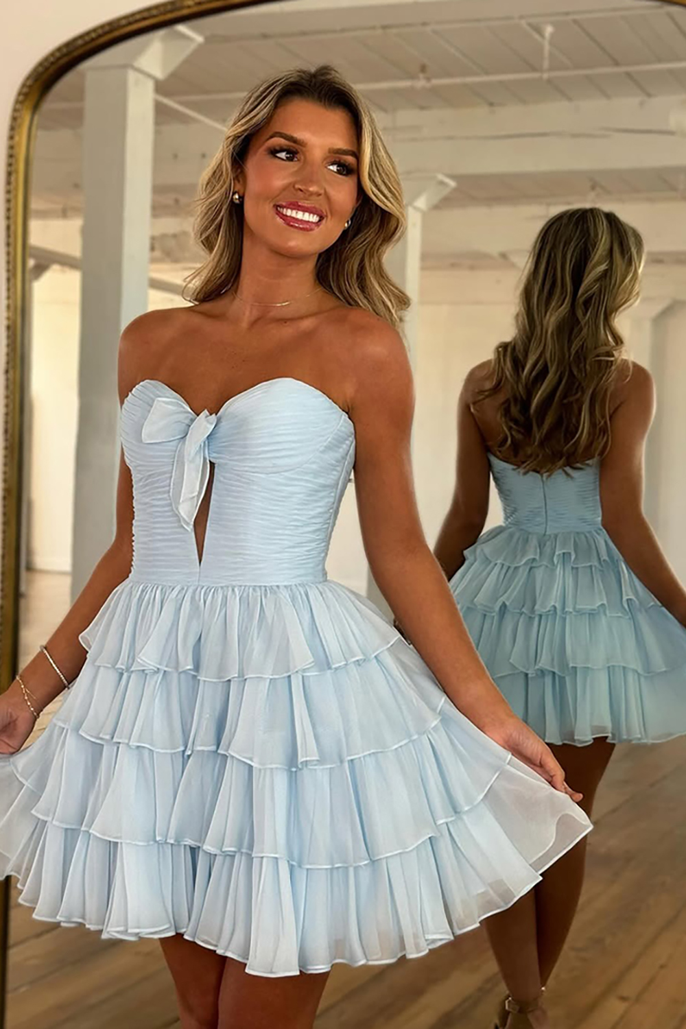 Pink A Line Ruffled Sweetheart Tiered Short Homecoming Dress with Keyhole