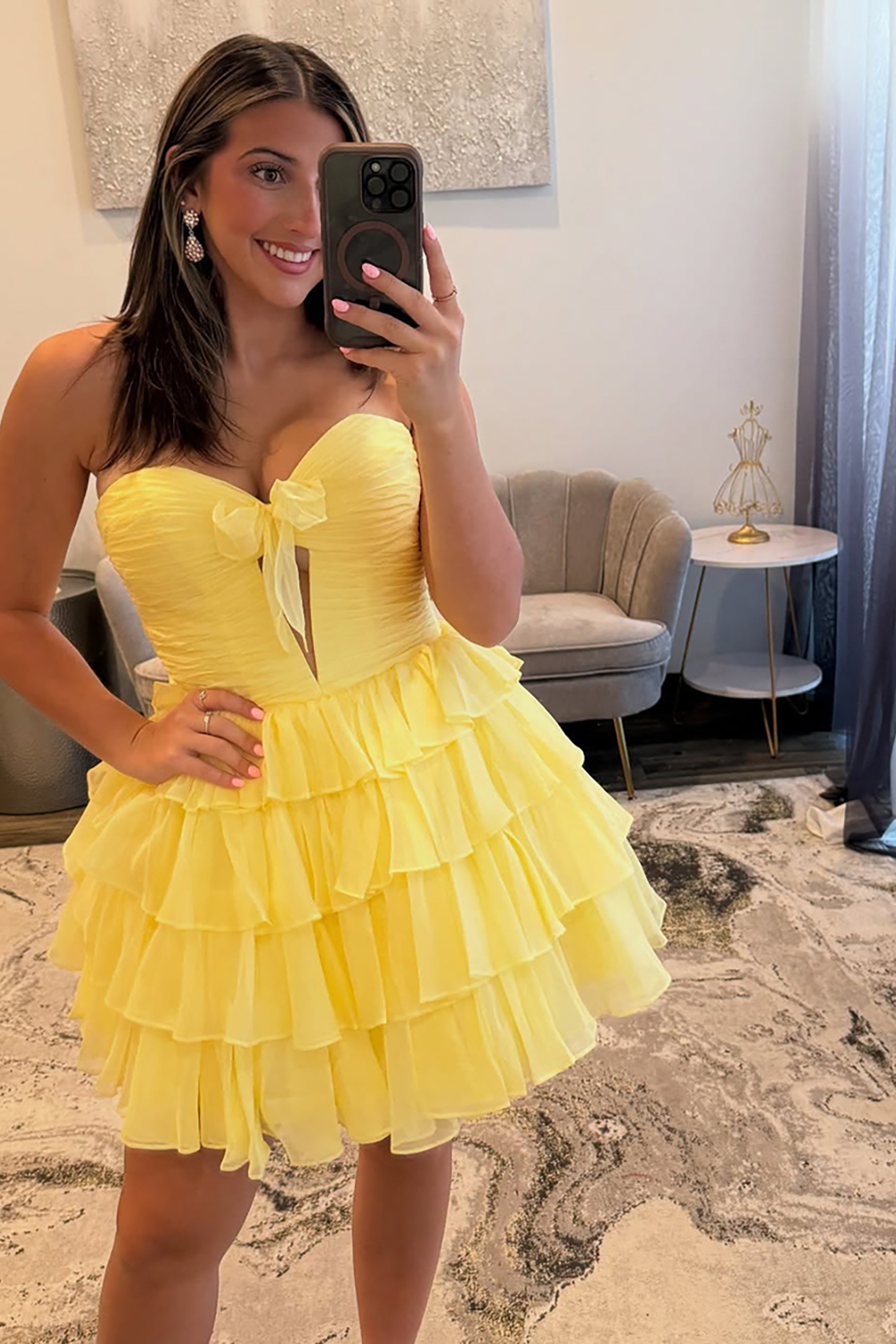 Pink A Line Ruffled Sweetheart Tiered Short Homecoming Dress with Keyhole