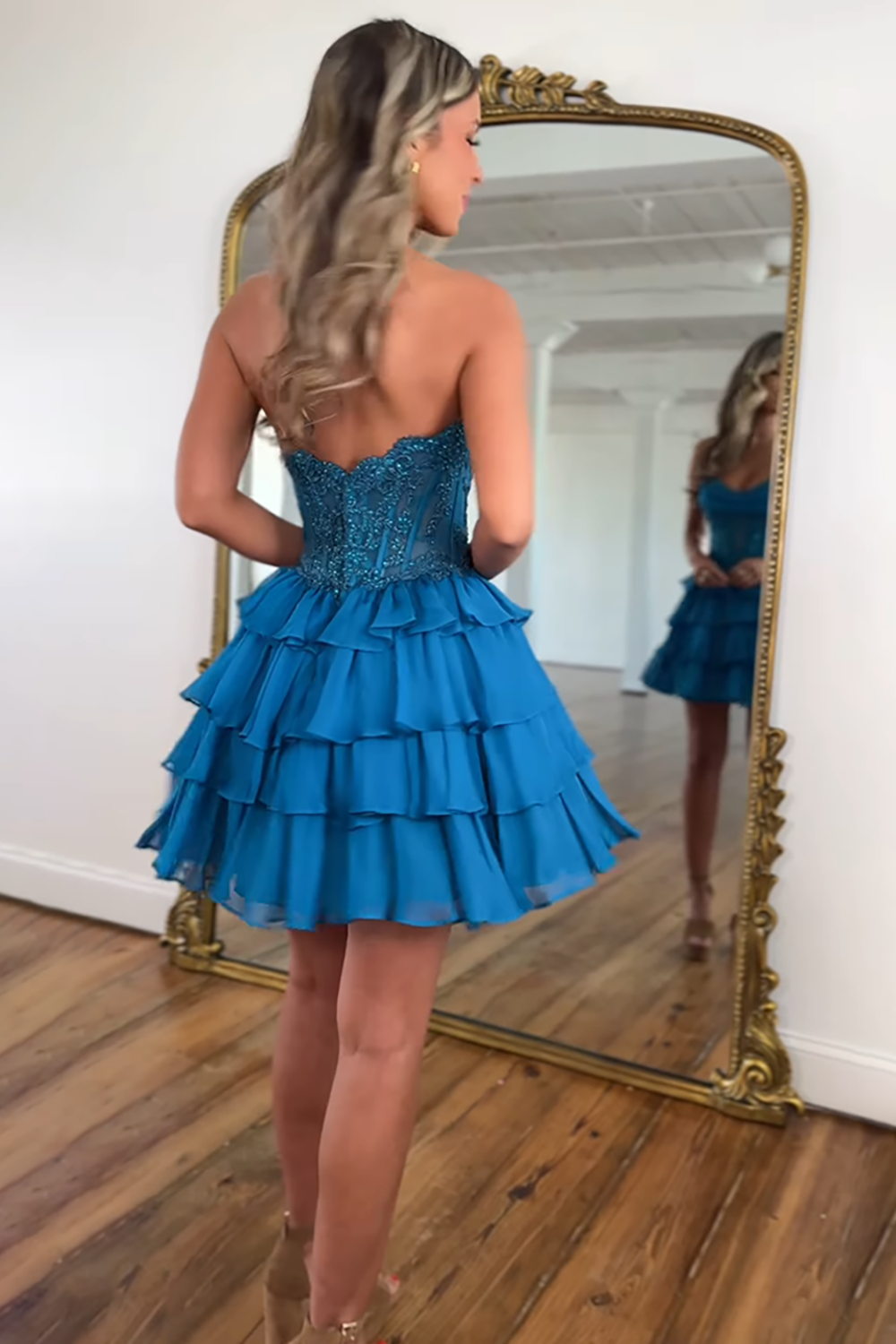 Sparkly Blue Sweetheart Chiffon A-Line Ruffled Corset Short Homecoming Dress with Beading