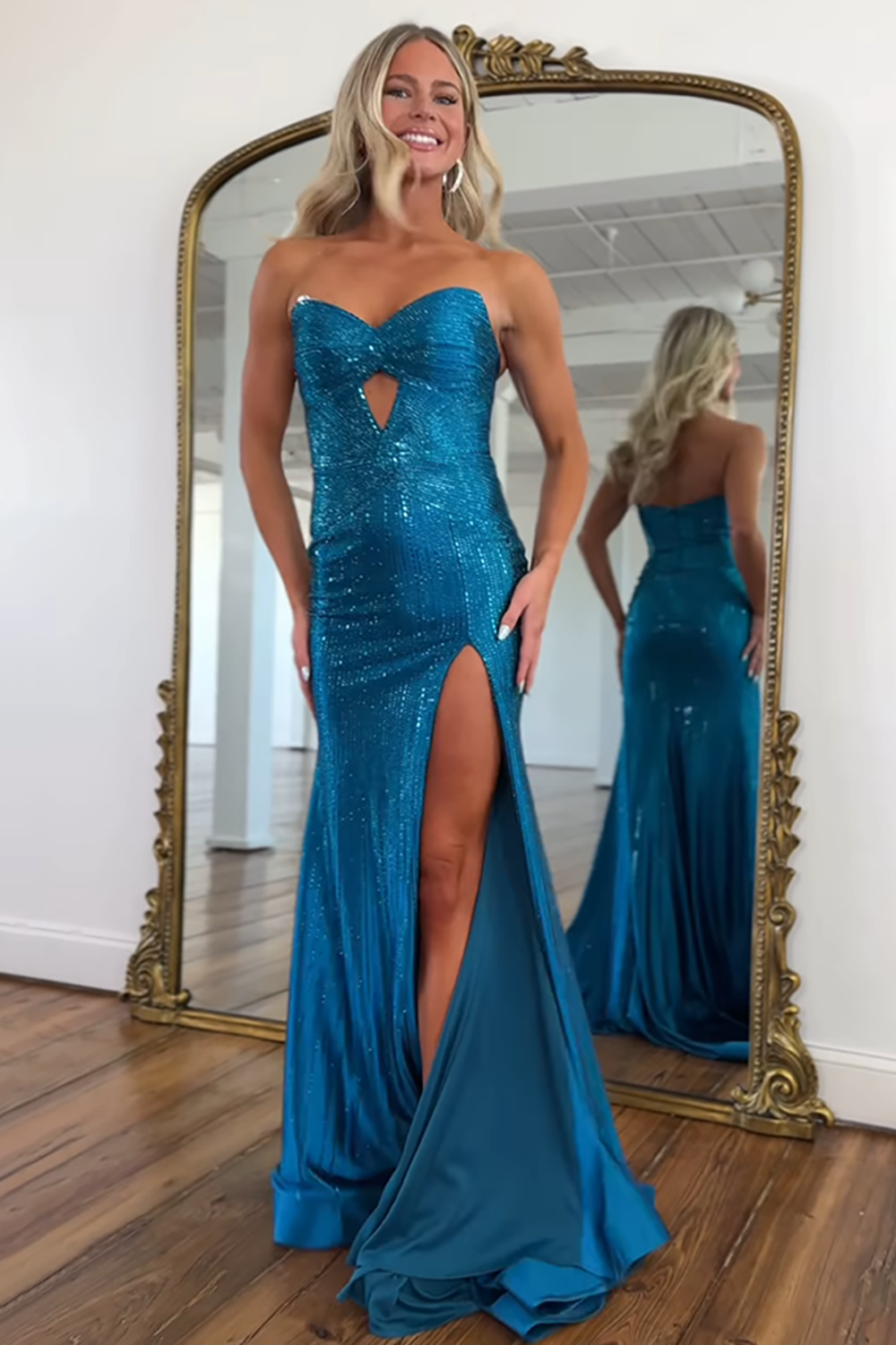 Sparkly Blue Sweetheart Mermaid Beaded Cut-Out Long Prom Dress with Slit