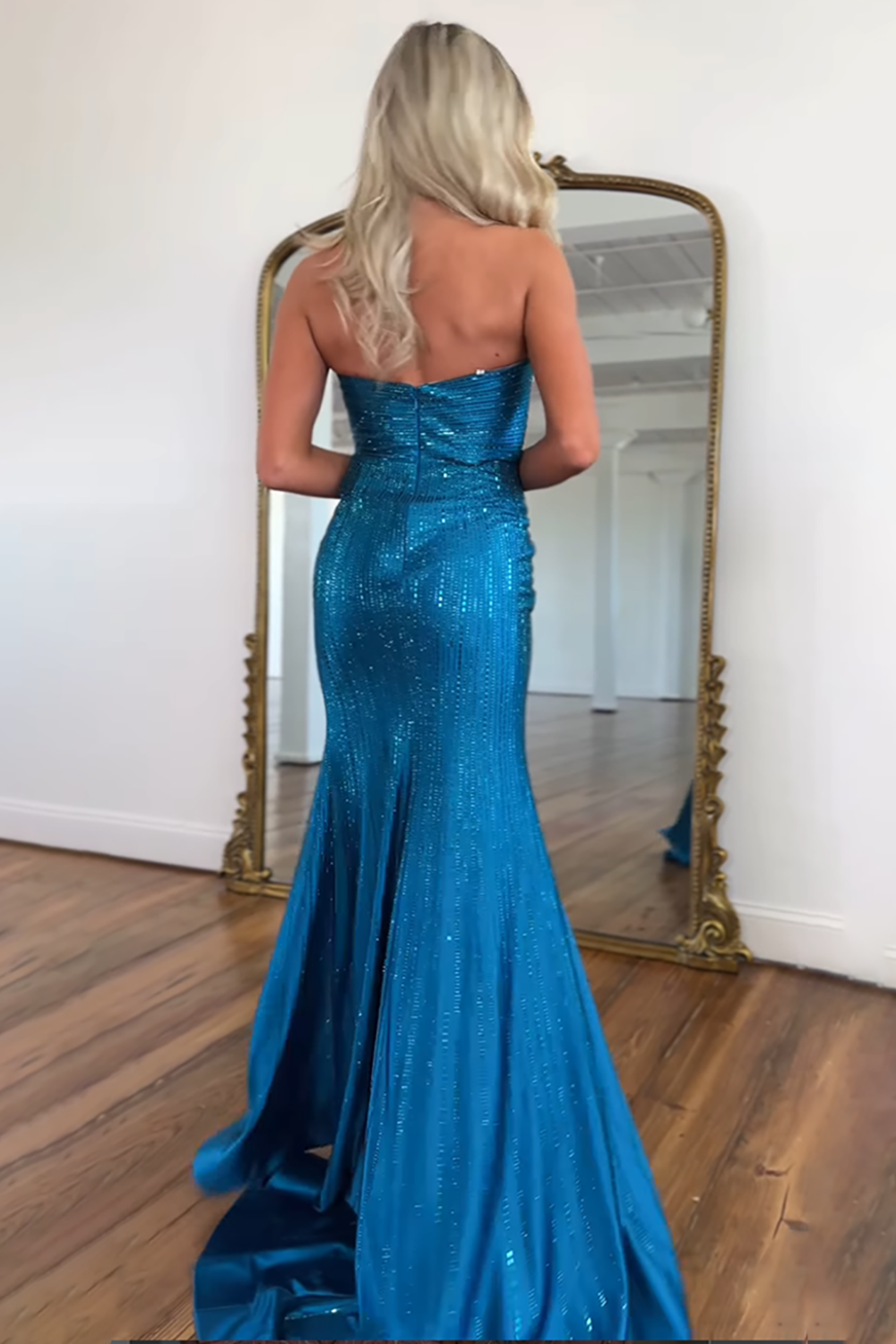 Sparkly Blue Sweetheart Mermaid Beaded Cut-Out Long Prom Dress with Slit