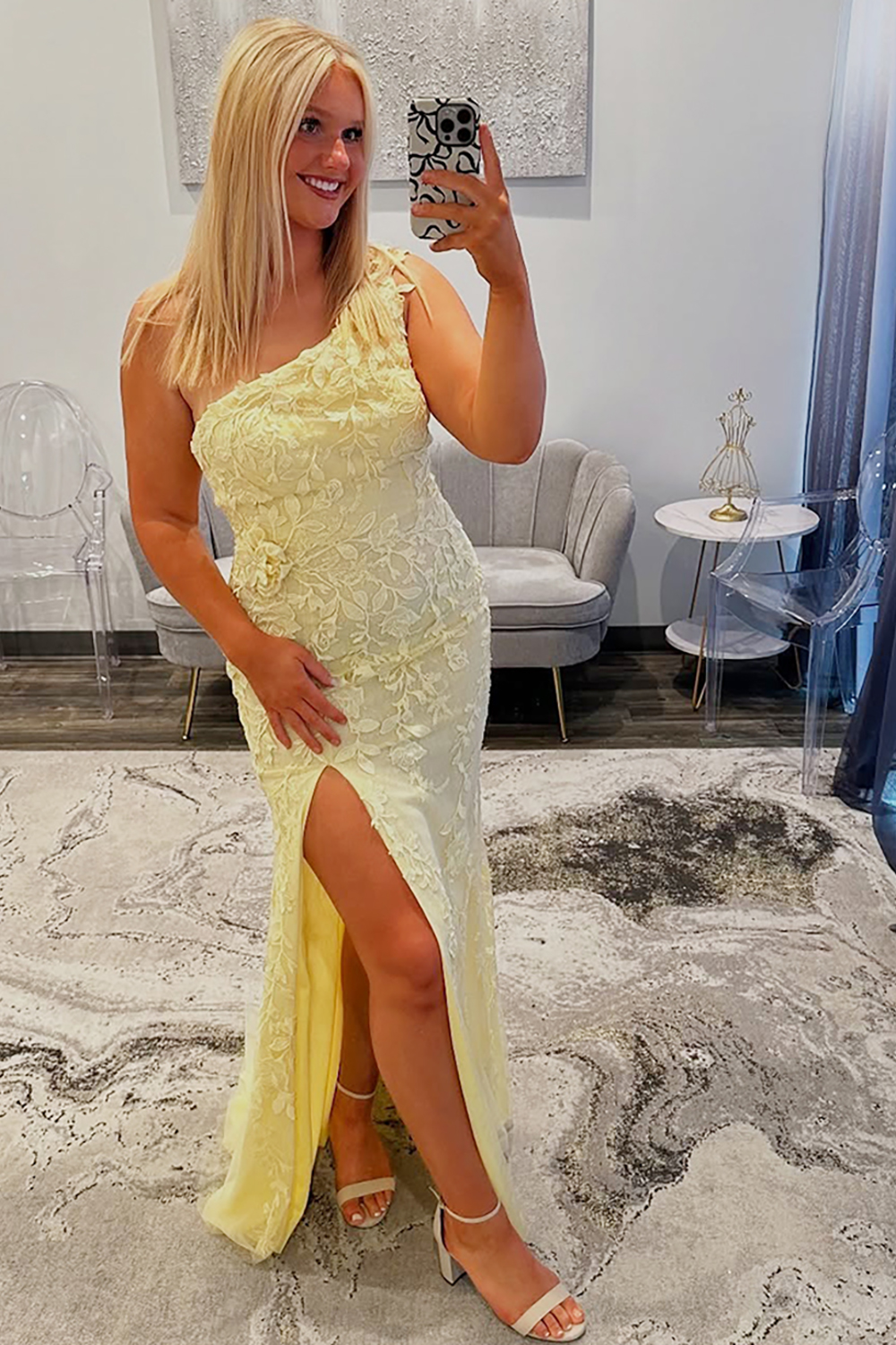 Yellow One Shoulder Mermaid Appliqued Long Prom Dress with Slit