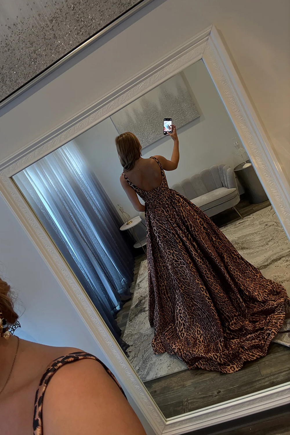 Brown Leopard A-Line Thick Straps Long Corset Prom Dress with Slit