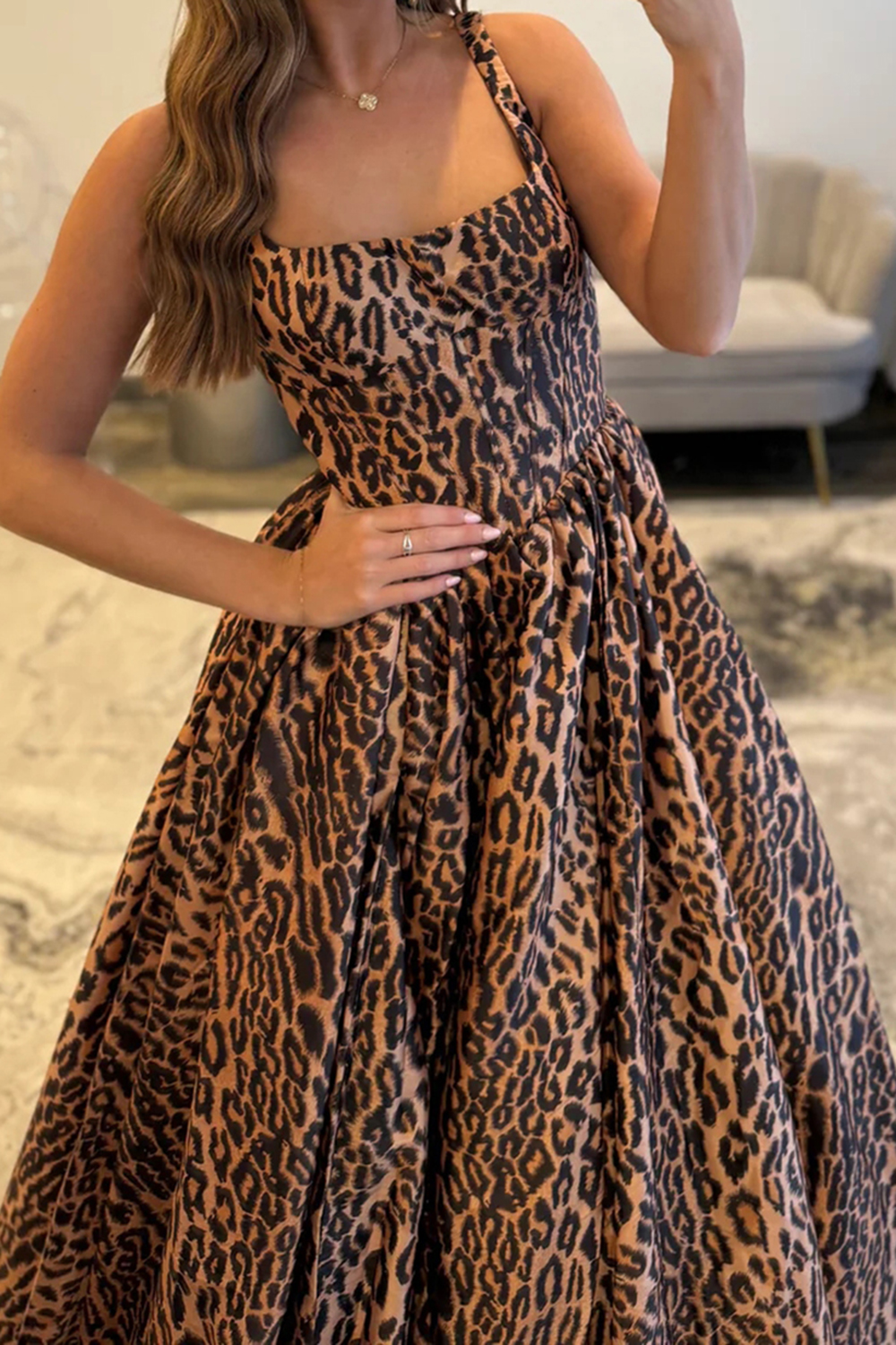 Brown Leopard A-Line Thick Straps Long Corset Prom Dress with Slit