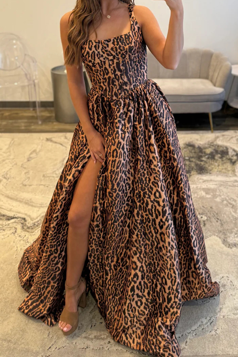 Brown Leopard A-Line Thick Straps Long Corset Prom Dress with Slit