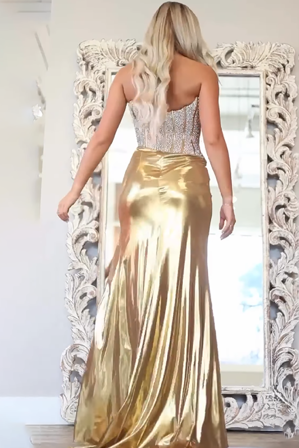 Sparkly Gold Strapless Metallic Mermaid Long Corset Prom Dress with Beading