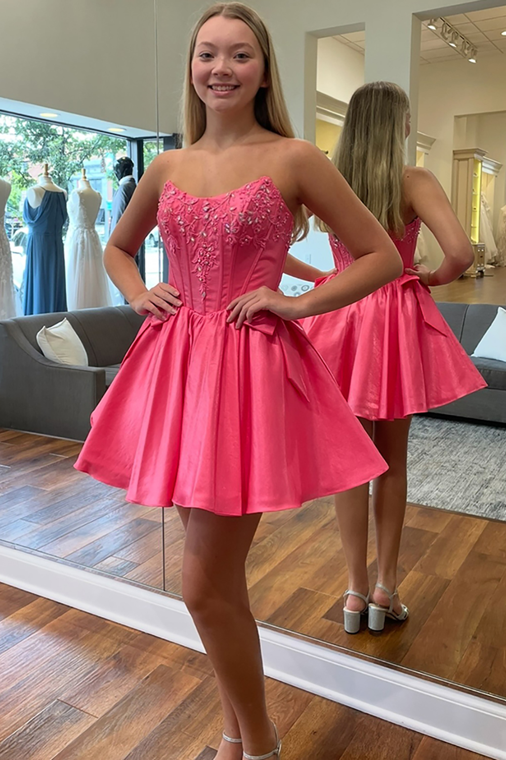 Sparkly Coral Strapless A-Line Satin Corset Short Homecoming Dress with Beading