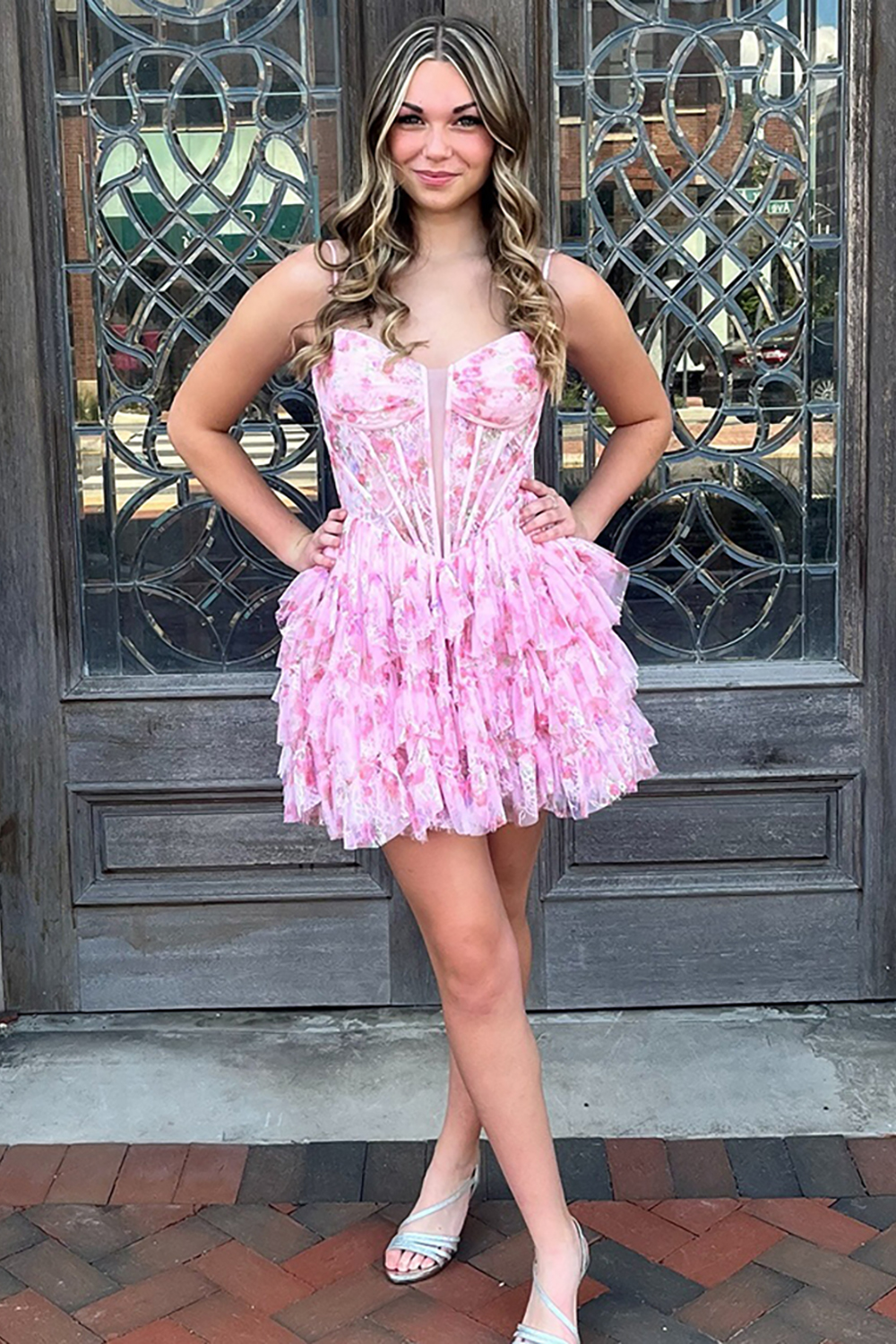 Pink Floral Spaghetti Straps A-Line Ruffled Corset Short Homecoming Dress