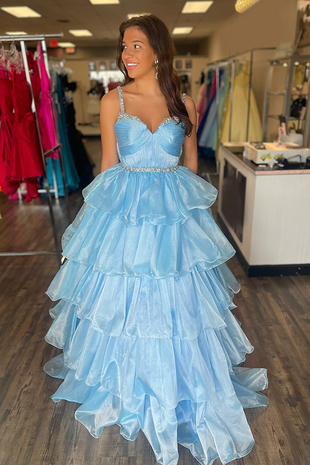 Sparkly Light Blue Spaghetti Straps Ruffled A-Line Long Prom Dress with Beading