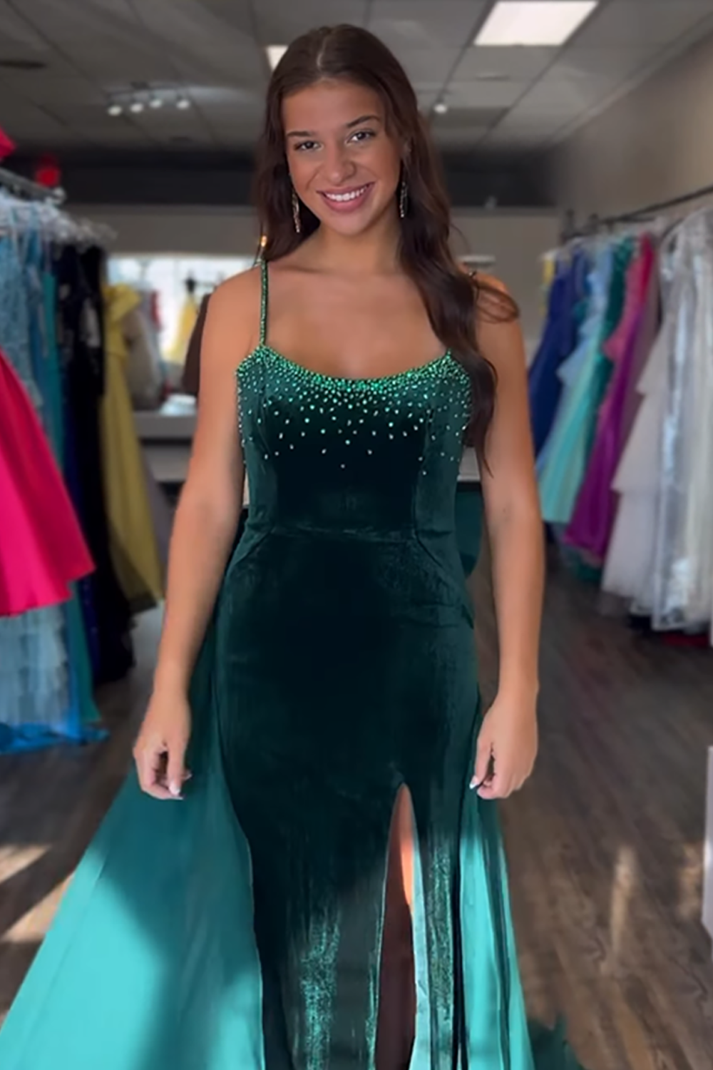 Sparkly Dark Green Spaghetti Straps Mermaid Velvet Long Prom Dress with Beading