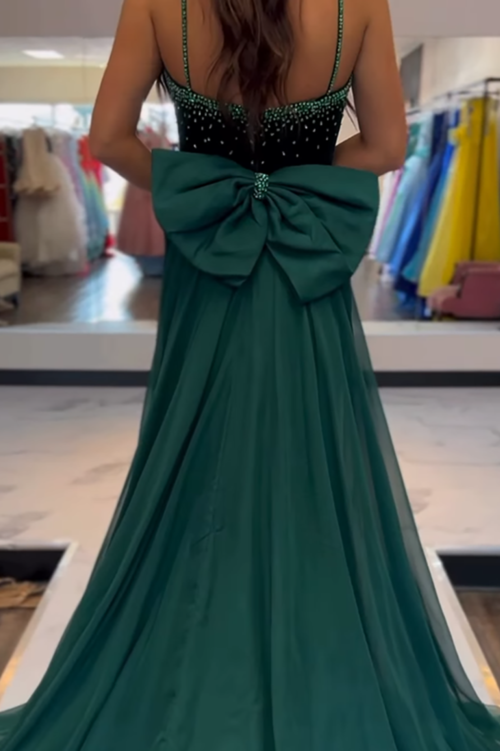 Sparkly Dark Green Spaghetti Straps Mermaid Velvet Long Prom Dress with Beading