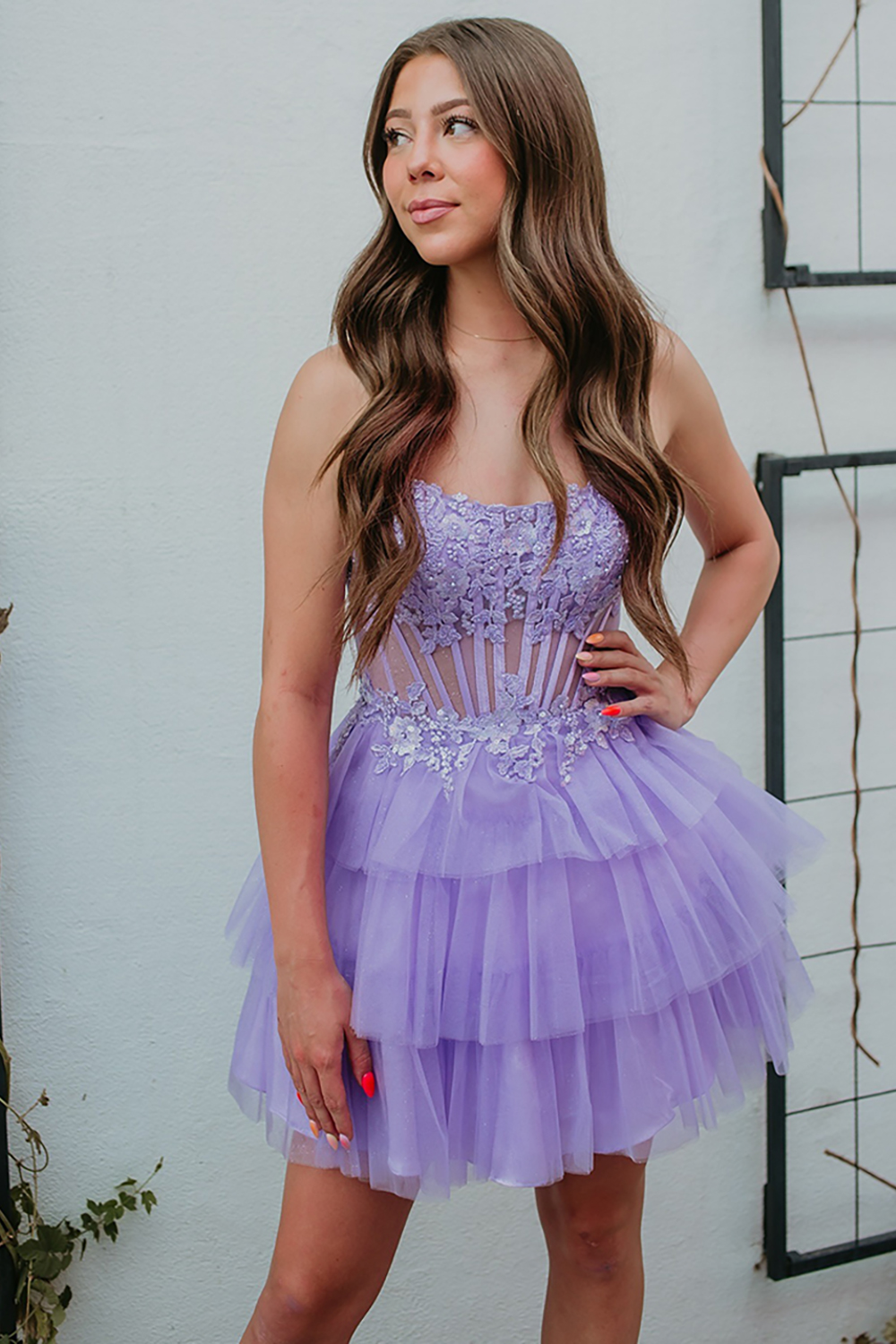 Sparkly Fuchsia Tulle Ruffled Strapless A Line Corset Short Homecoming Dress with Beading