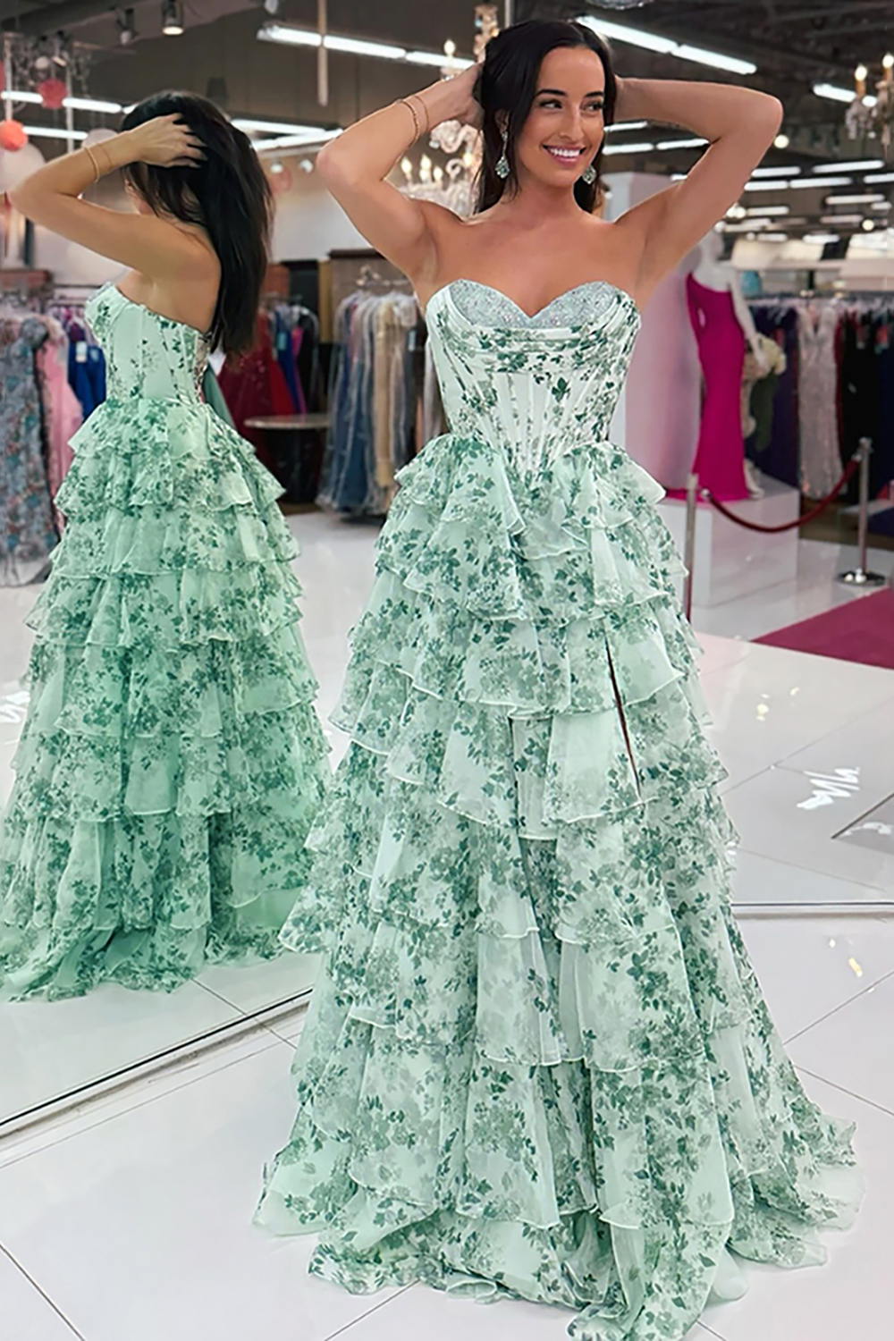 Light Green Floral Sweetheart A-Line Chiffon Ruffled Long Corset Prom Dress with Slit