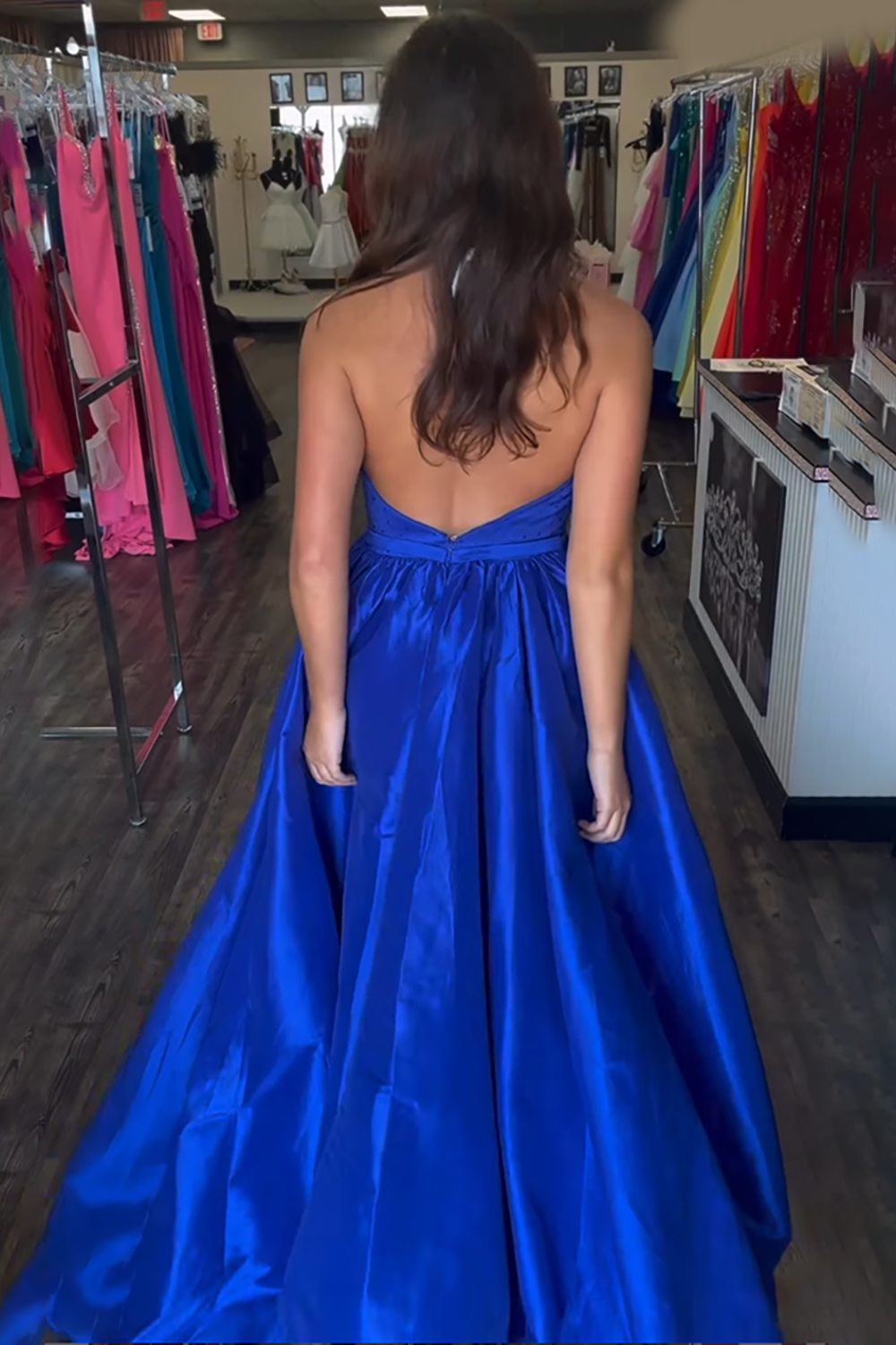 Sparkly Royal Blue Satin Halter A-Line Long Prom Dress with Beading