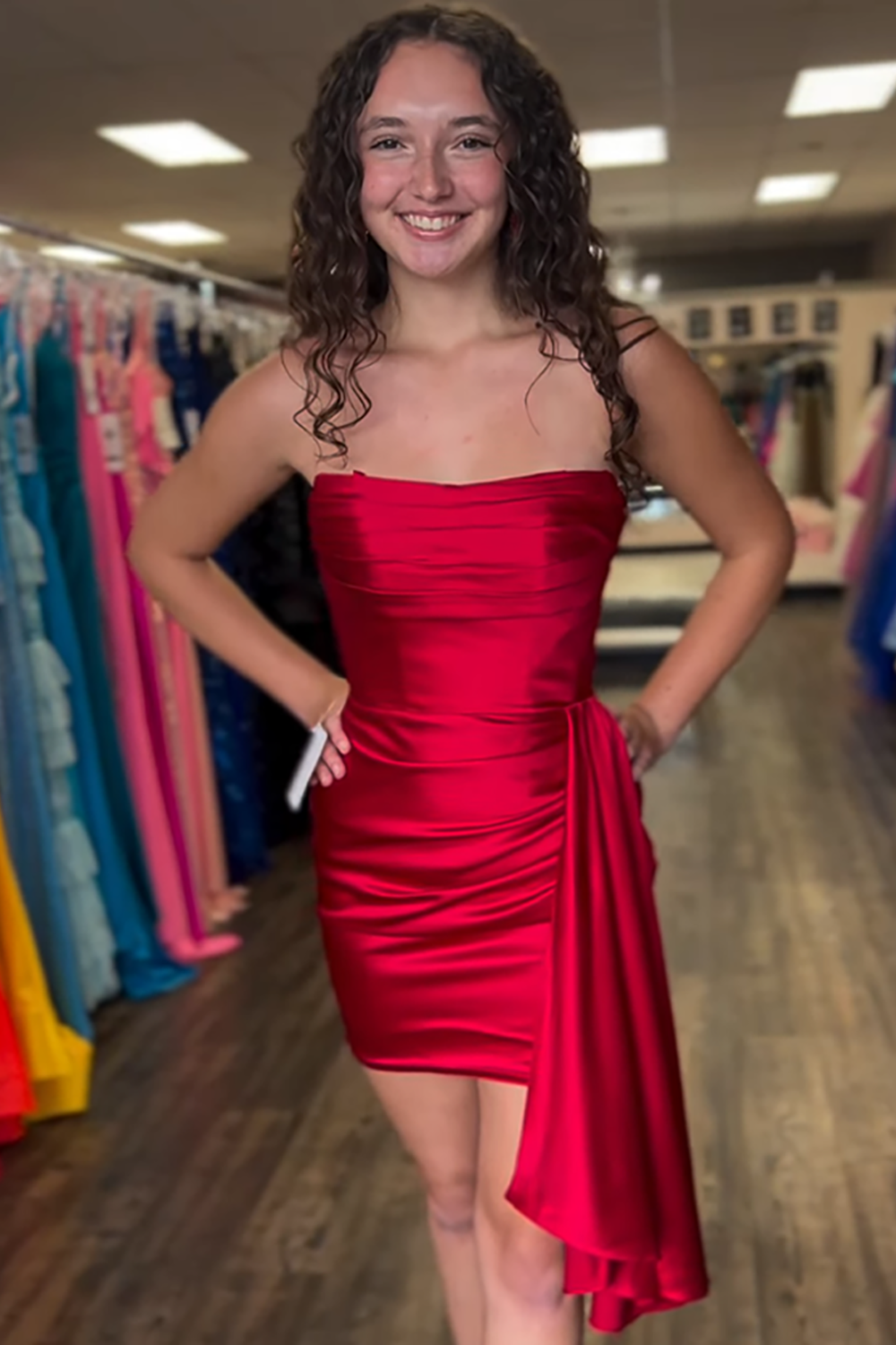 Red Strapless Satin Ruched Tight Short Homecoming Dress with Side Cape