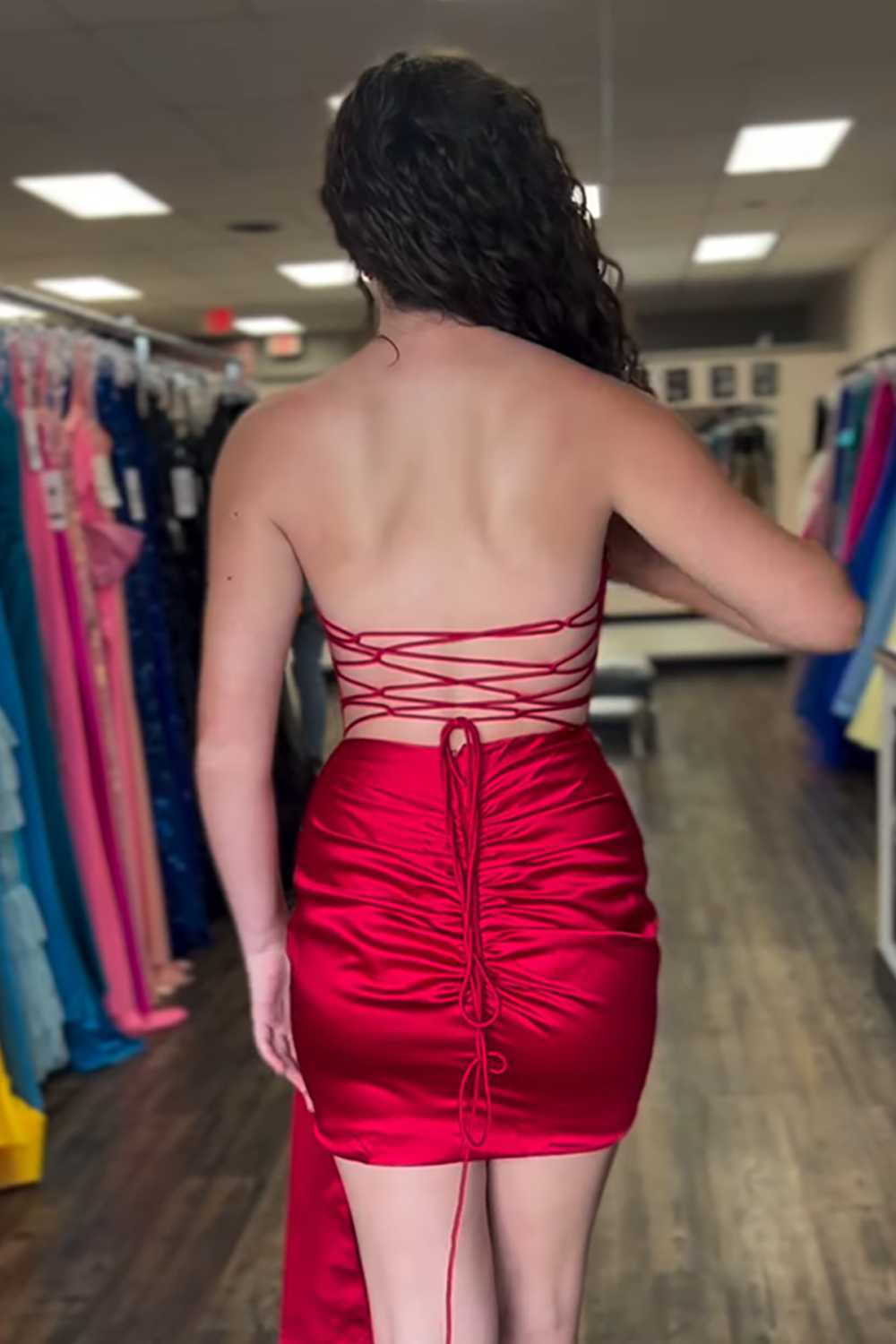 Red Strapless Satin Ruched Tight Short Homecoming Dress with Side Cape