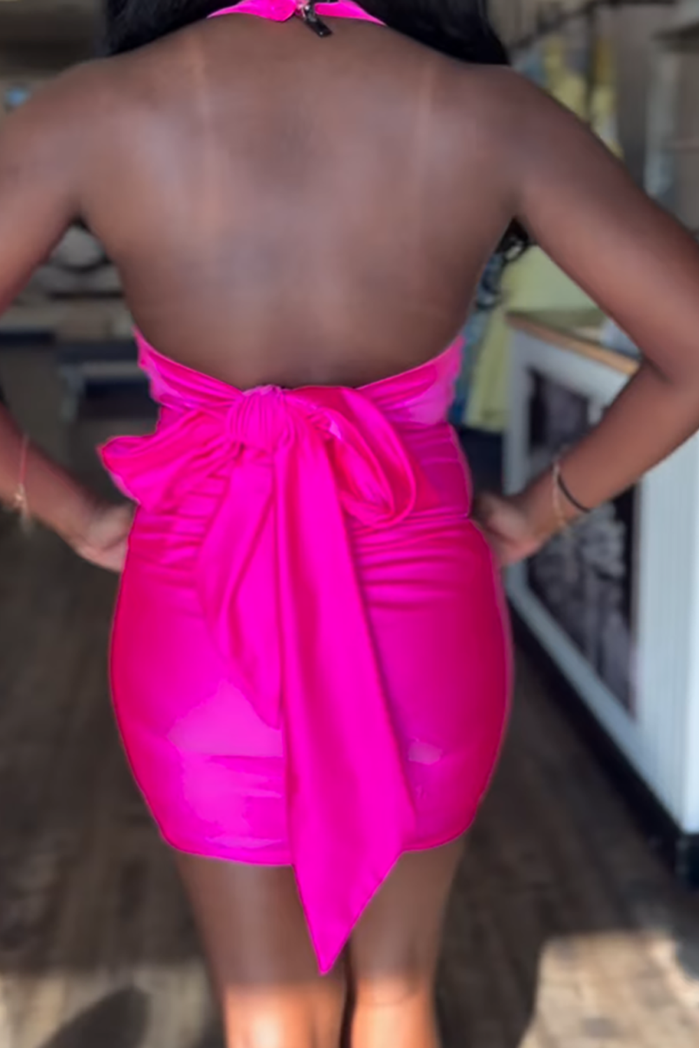 Fuchsia Satin Halter Tight Homecoming Dress with Bow