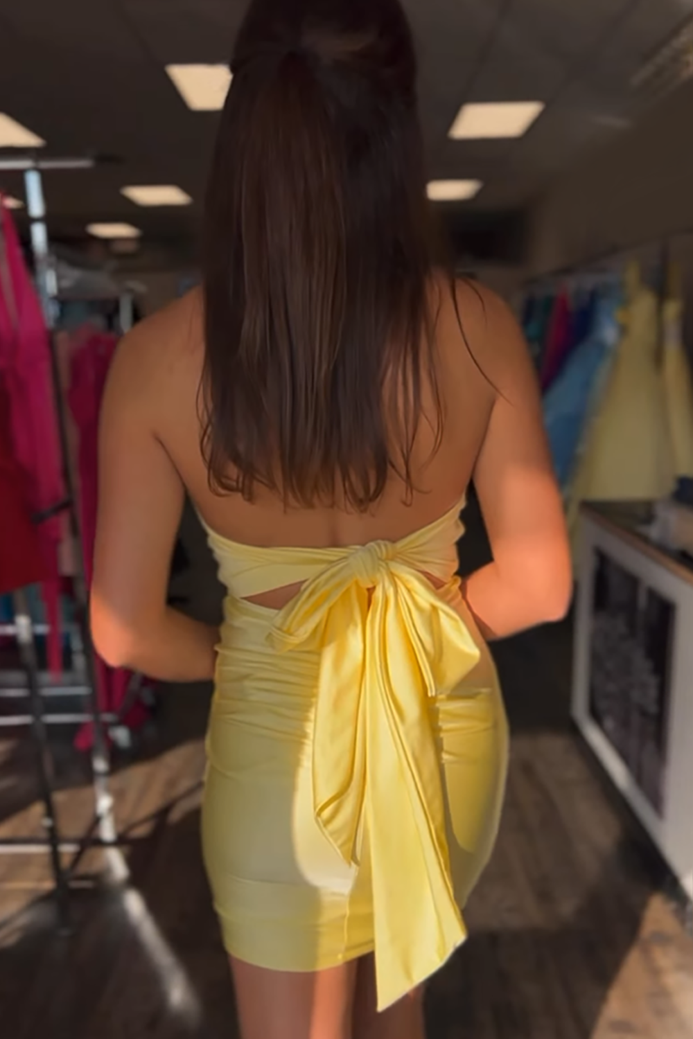 Fuchsia Satin Halter Tight Homecoming Dress with Bow