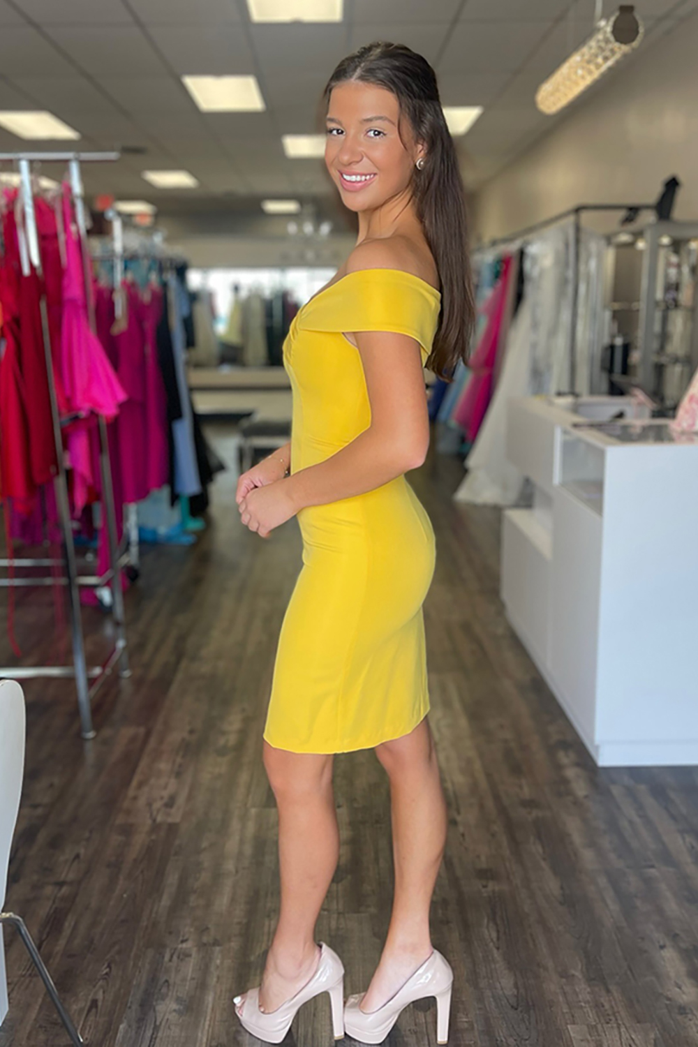 Simple Yellow Off the Shoulder Satin Tight Short Homecoming Dress