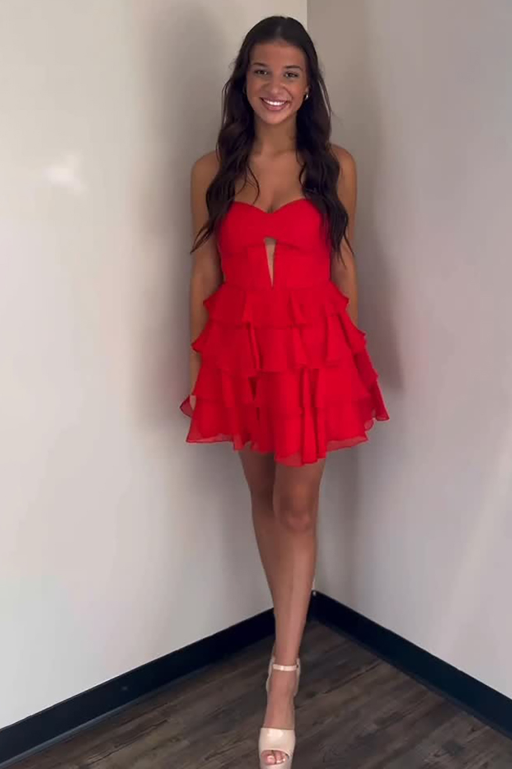 Red Sweetheart A-Line Chiffon Ruffled Corset Short Homecoming Dress