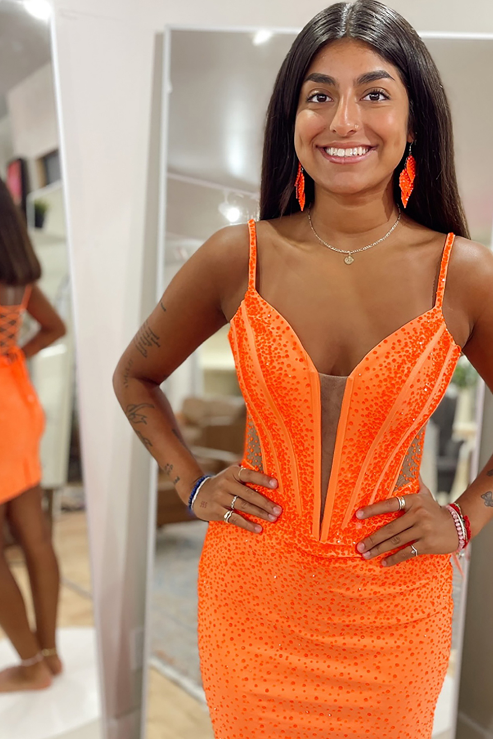 Sparkly Orange Spaghetti Straps Tight Corset Short Homecoming Dress with Beading