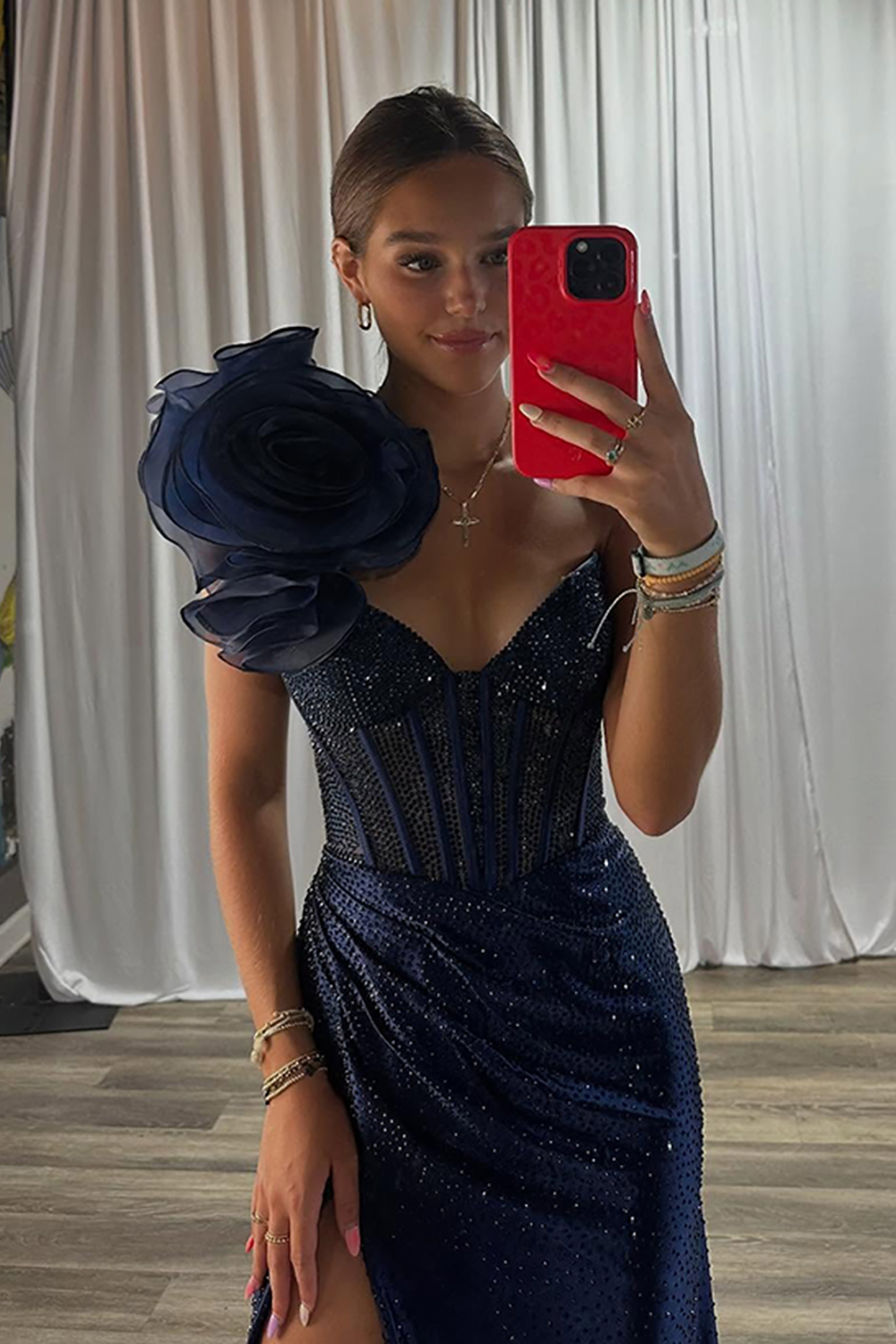 Sparkly Navy Floral One Shoulder Corset Long Prom Dress with Slit