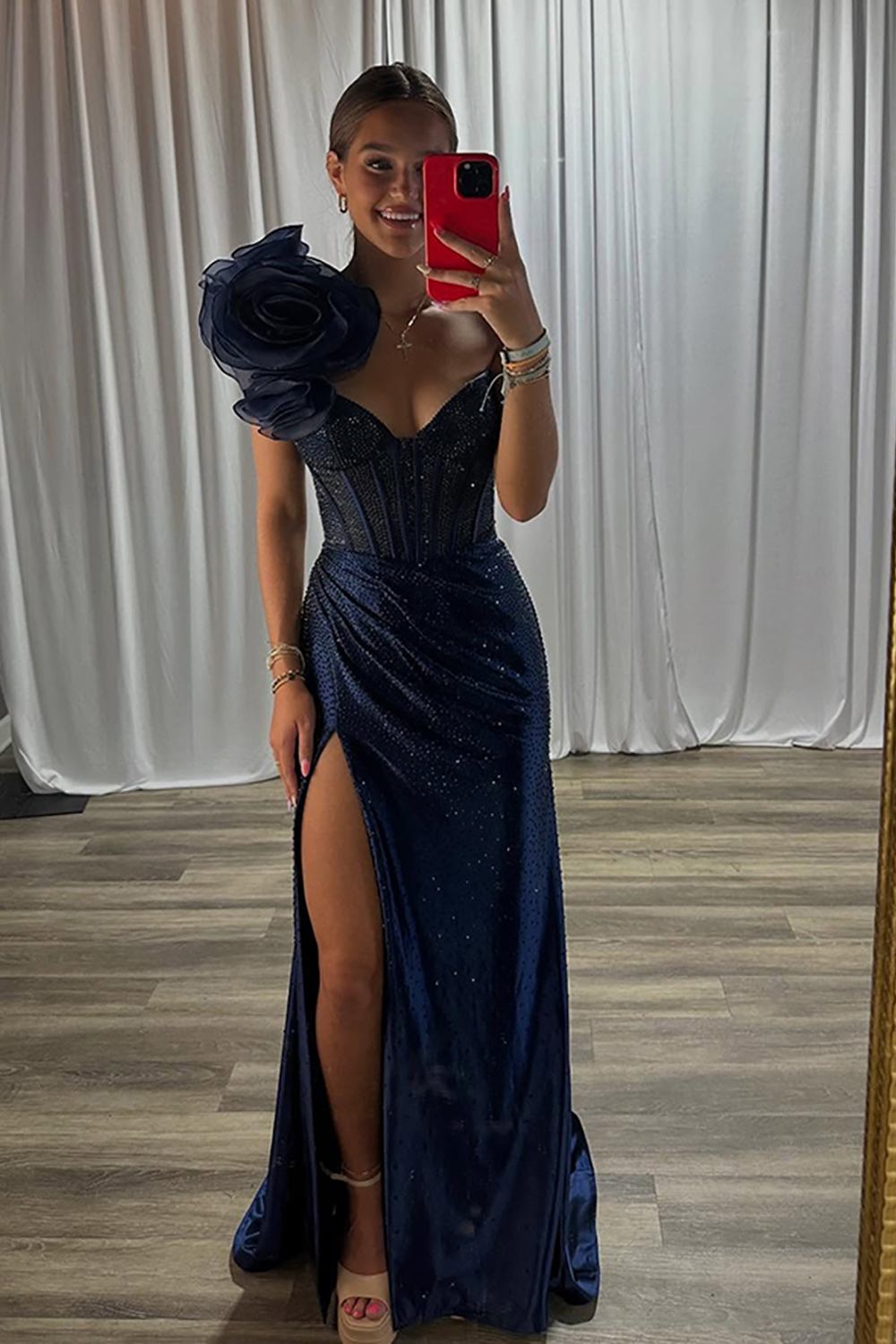 Sparkly Navy Floral One Shoulder Corset Long Prom Dress with Slit