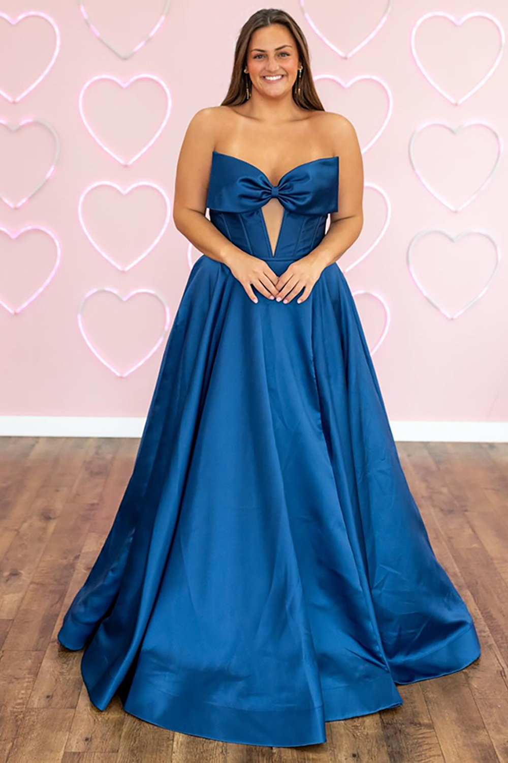 Navy Sweetheart A-Line Satin Corset Long Prom Dress with Bow