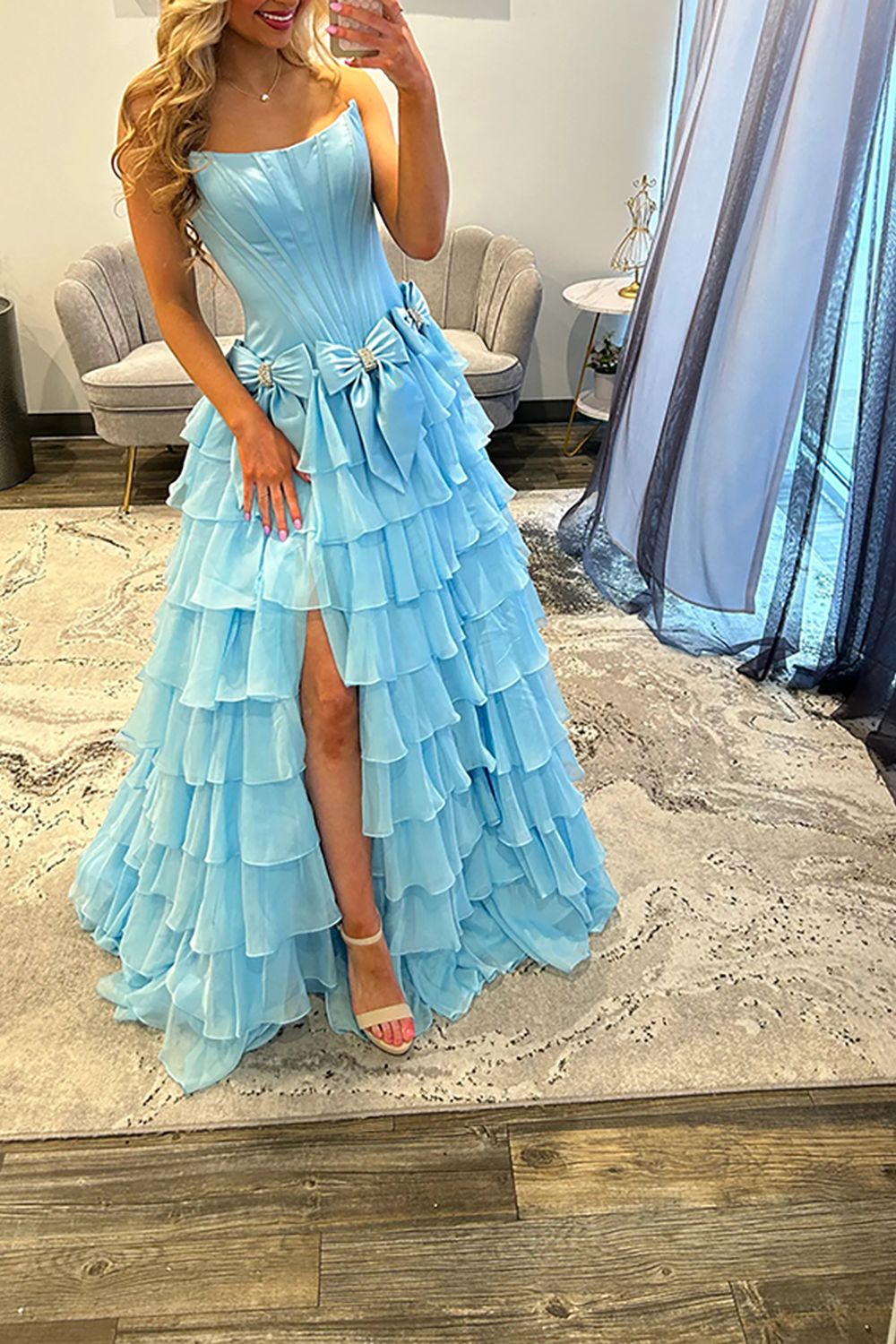 Fuchsia Strapless A-Line Ruffled Tiered Long Corset Prom Dress with Bows