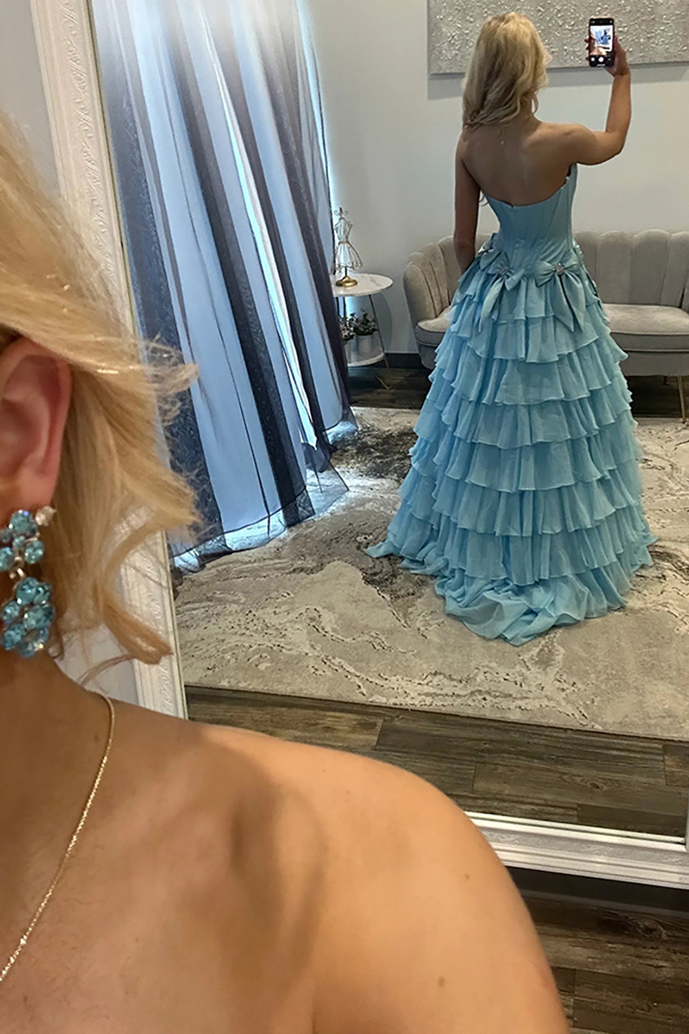 Fuchsia Strapless A-Line Ruffled Tiered Long Corset Prom Dress with Bows