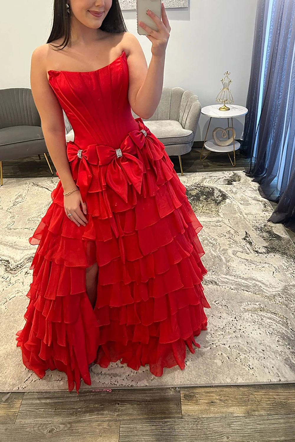 Fuchsia Strapless A-Line Ruffled Tiered Long Corset Prom Dress with Bows