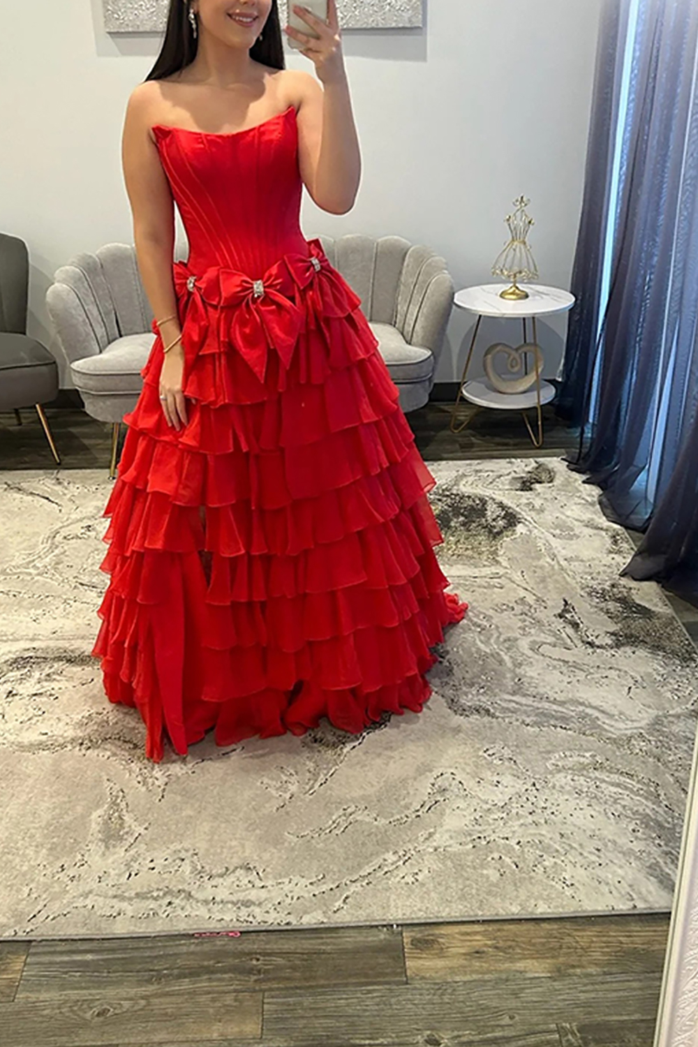 Fuchsia Strapless A-Line Ruffled Tiered Long Corset Prom Dress with Bows