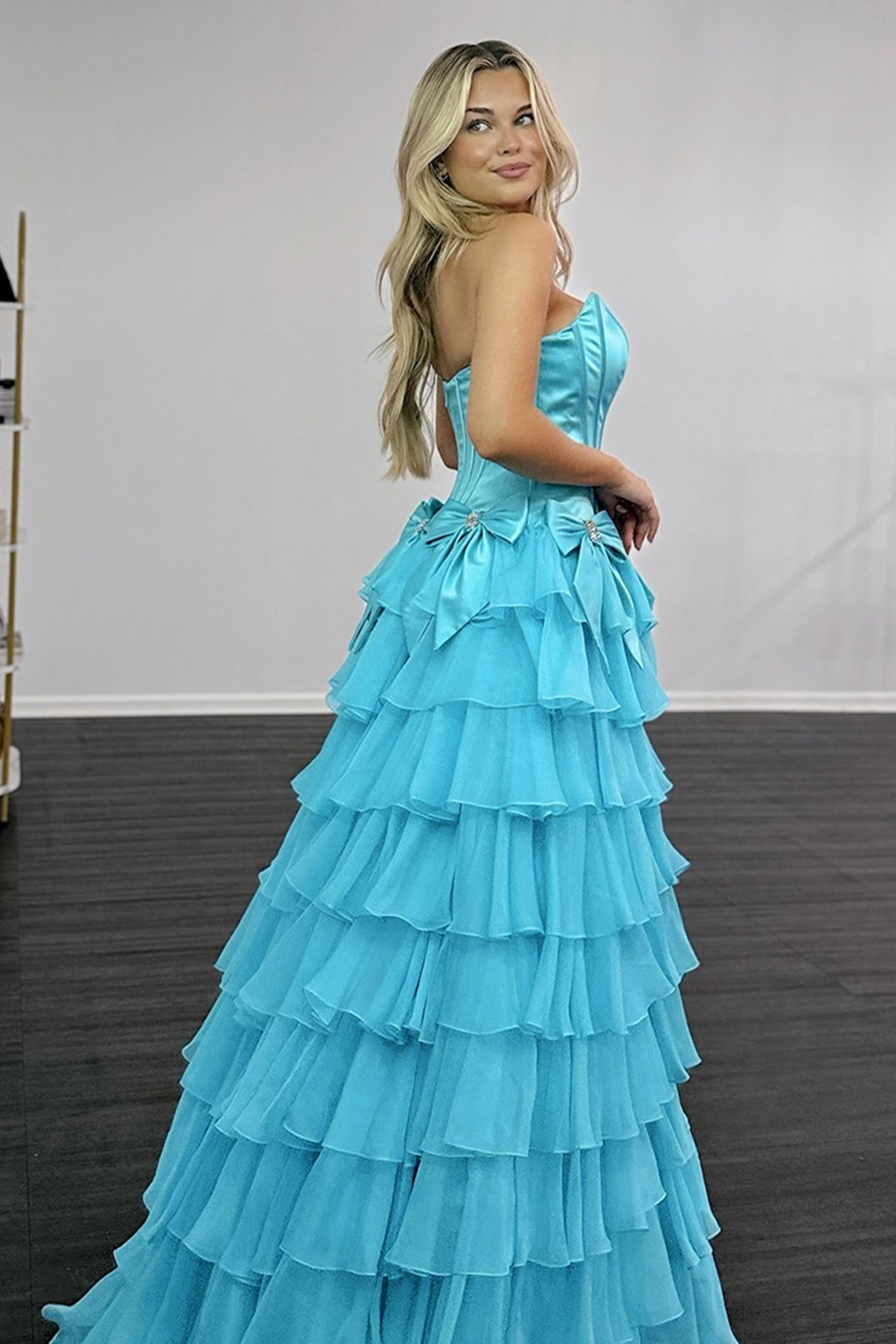 Fuchsia Strapless A-Line Ruffled Tiered Long Corset Prom Dress with Bows