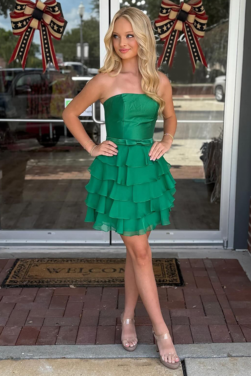 Emerald Green Strapless Chiffon Ruffled A-Line Short Corset Homecoming Dress with Bow