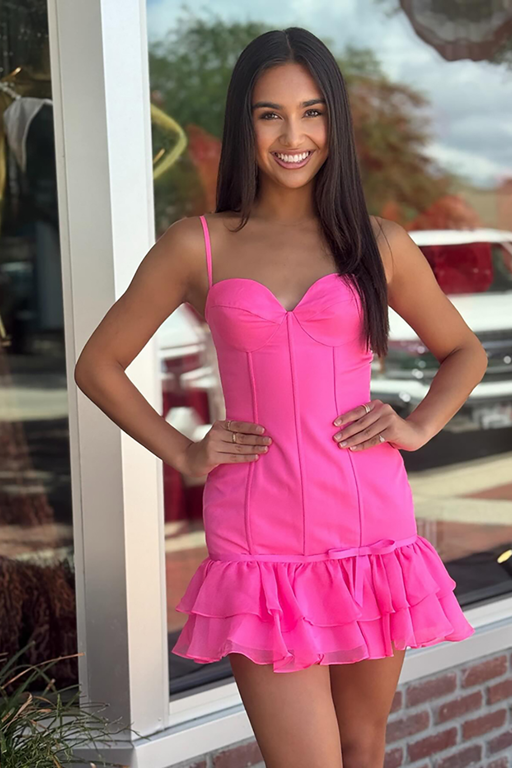 Fuchsia Spaghetti Straps Ruffled Tight Short Homecoming Dress
