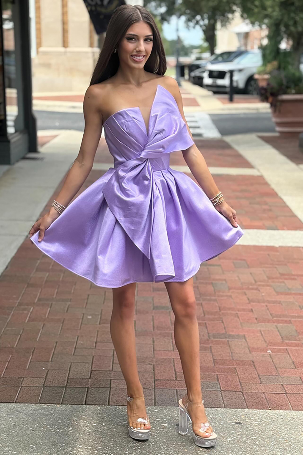 Lilac Strapless Satin A-Line Short Homecoming Dress with Bow