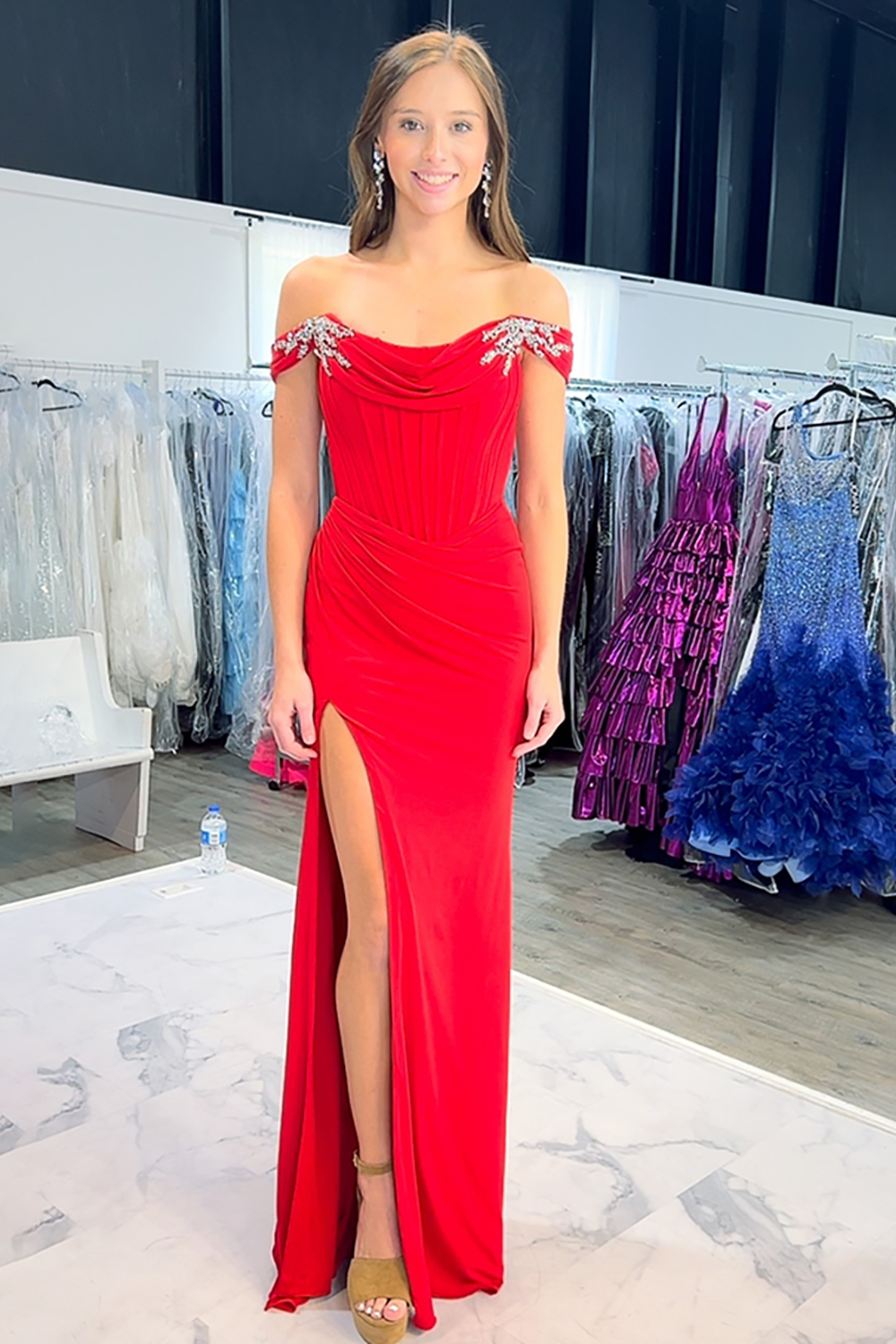 Red Off the Shoulder Mermaid Satin Long Corset Prom Dress with Slit