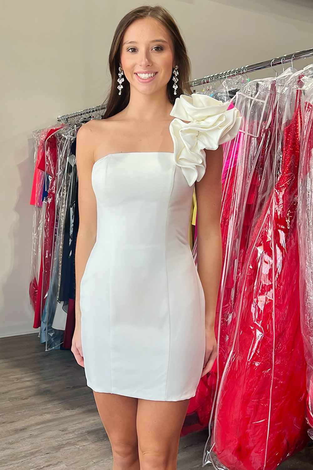 Simple Black One Shoulder Satin Tight Homecoming Dress with 3D Flower