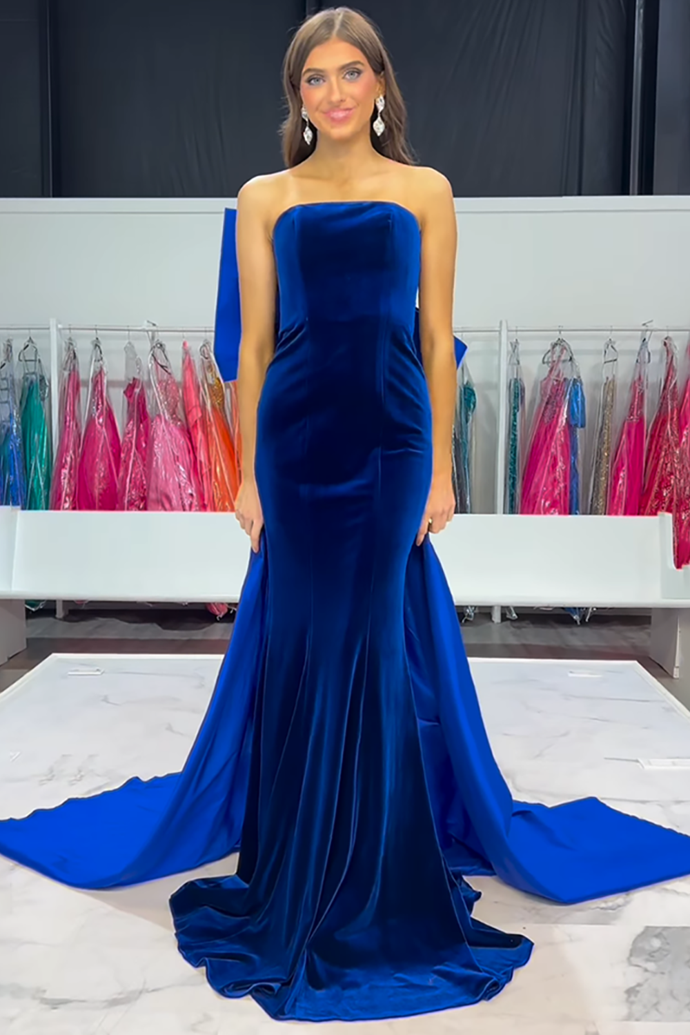 Royal Blue Strapless Mermaid Velvet Long Prom Dress with Bow