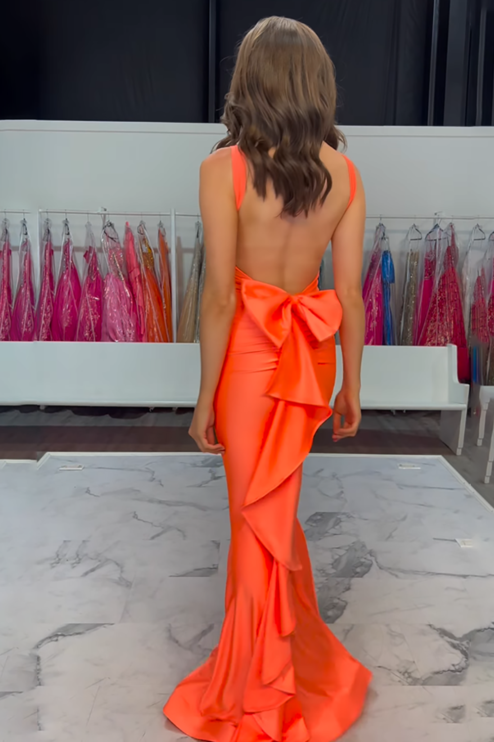 Orange V-Neck Mermaid Satin Long Prom Dress with Bow