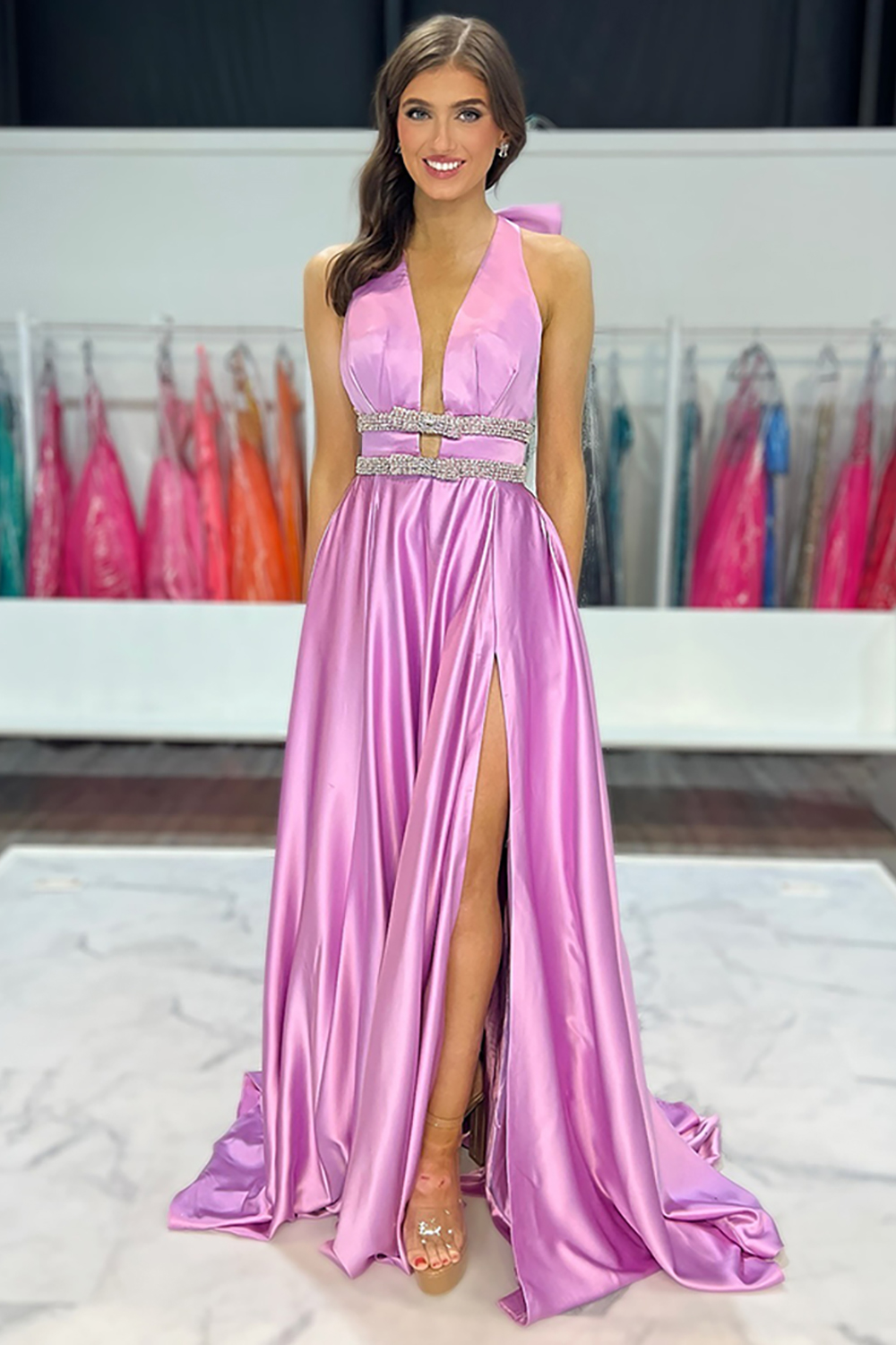 Sparkly Lilac Halter A-Line Satin Long Prom Dress with Beading