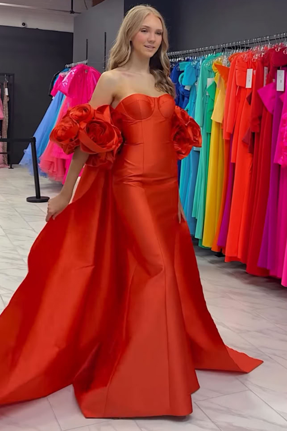 Red Strapless A Line Detachable Cape Long Prom Dress with 3D Flowers