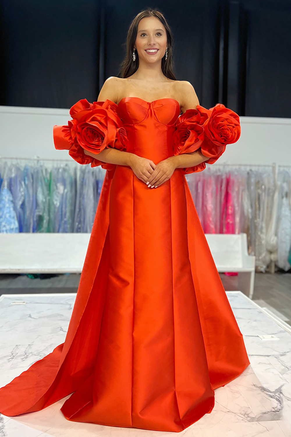 Red Strapless Satin Detachable Cape Long Prom Dress with 3D Flowers