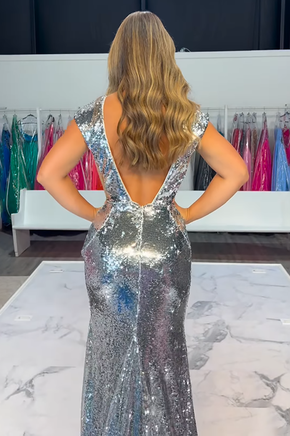 Sparkly Gold Sequin Mermaid V-Neck Cap Sleeves Long Prom Dress