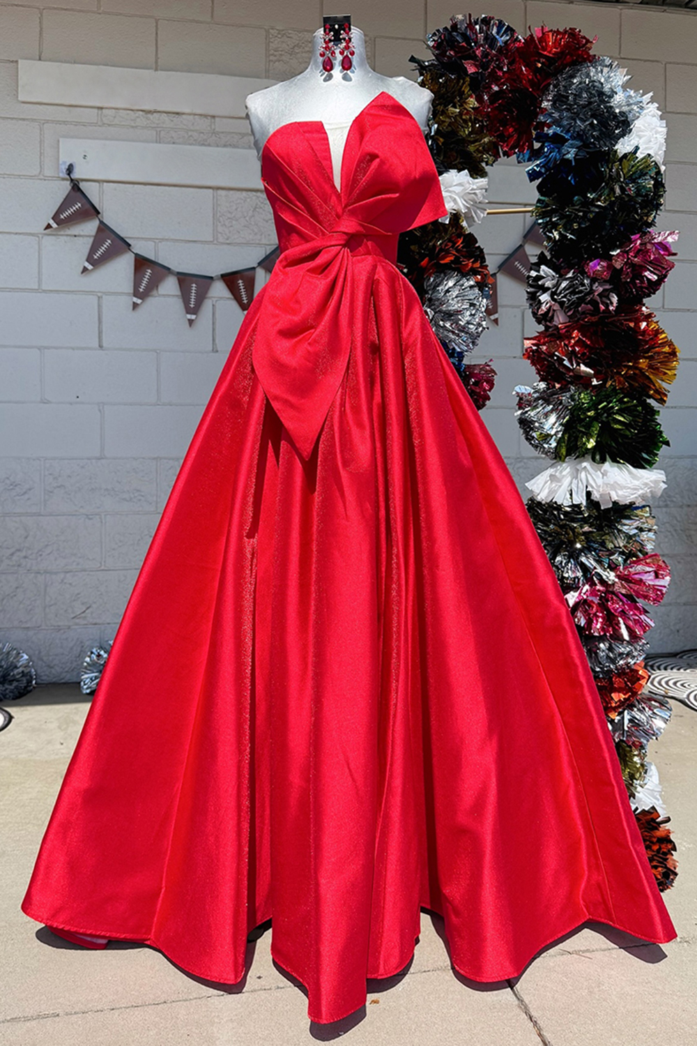 Simple Red Satin Strapless A-Line Long Prom Dress with Bow