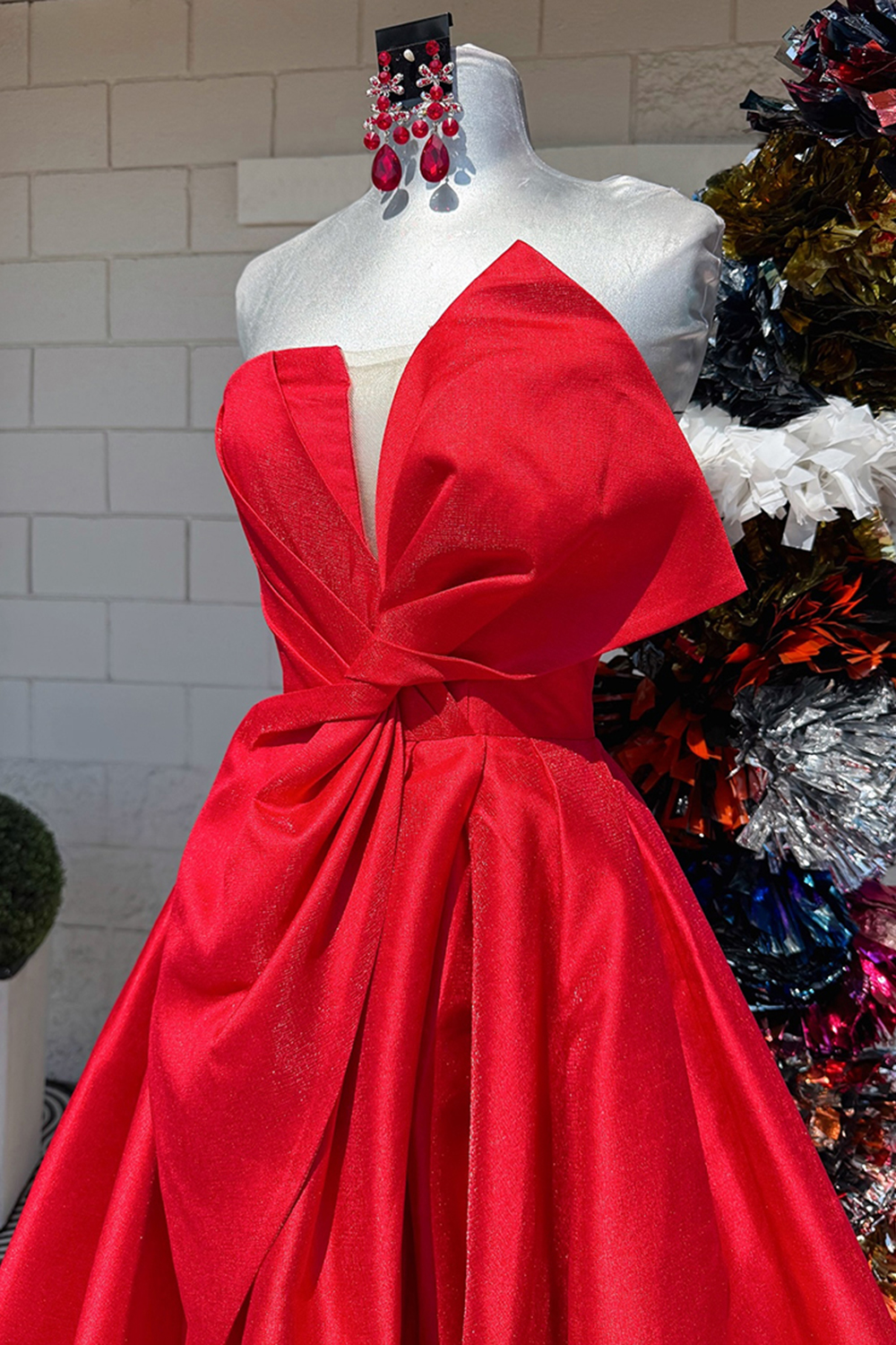 Simple Red Satin Strapless A-Line Long Prom Dress with Bow